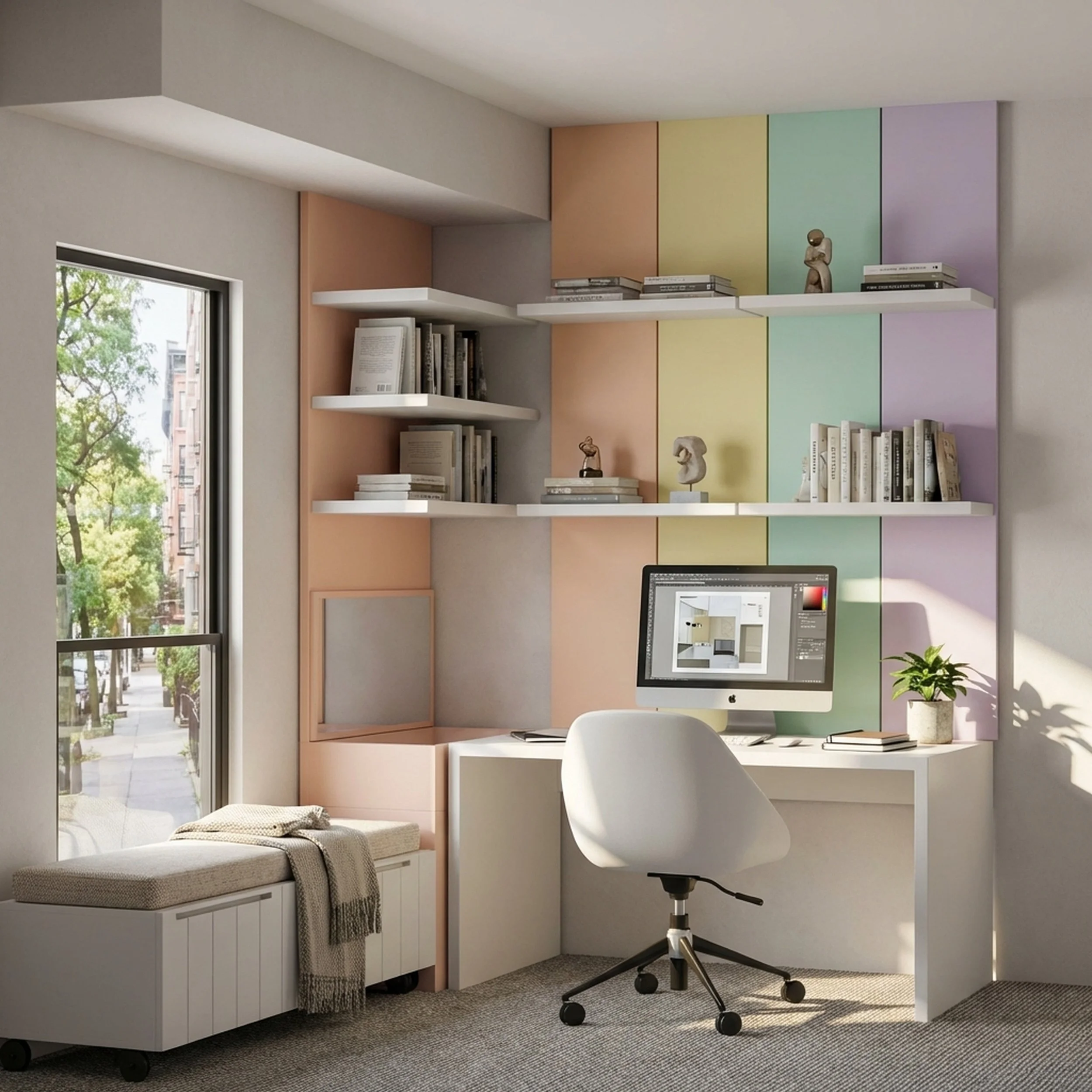 Modern home office with a white desk, computer, white chair, pastel colored wall panels, white shelves with books and sculptures, window with trees outside, and a storage bench with a blanket.