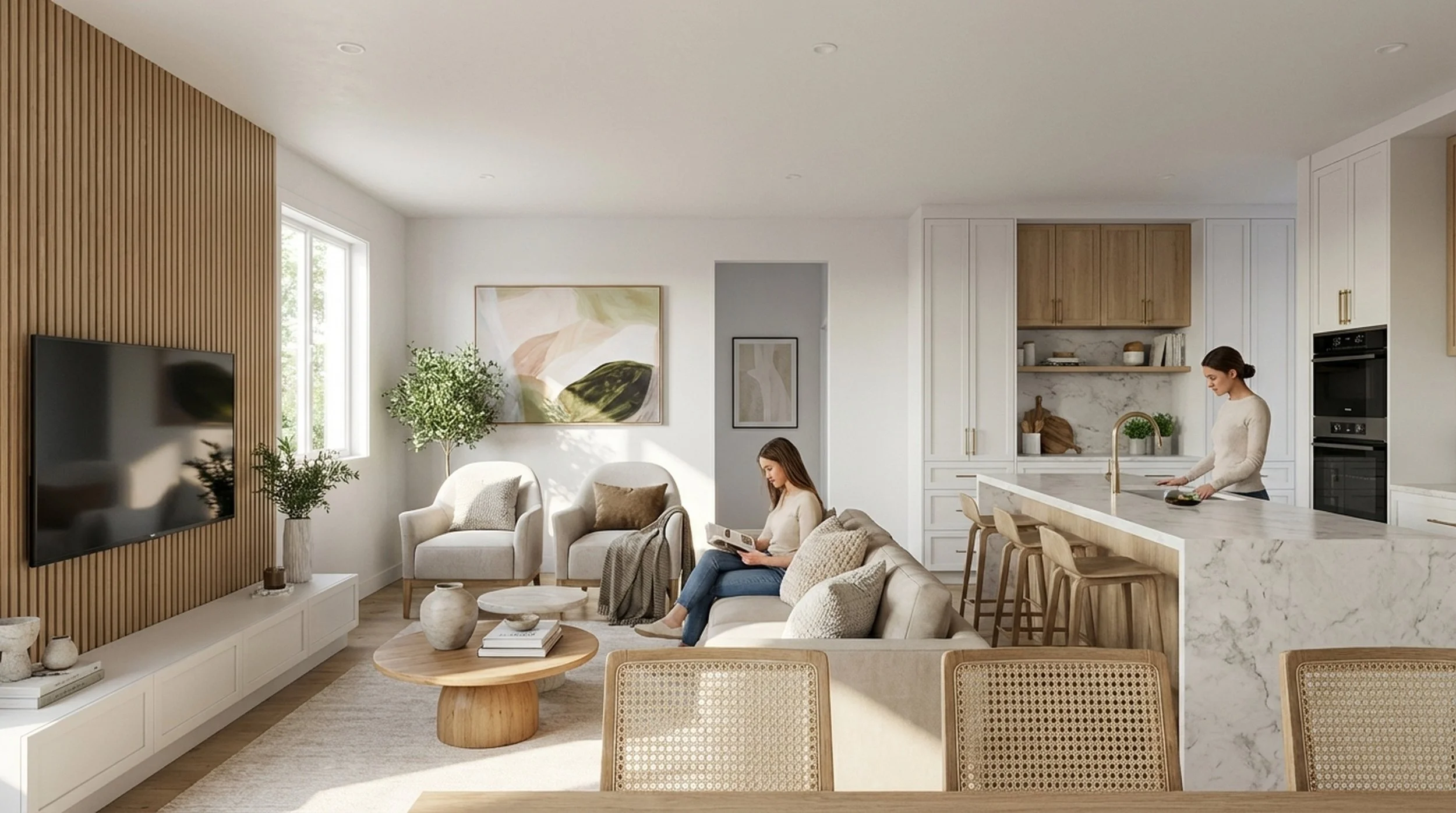 A woman sitting on a beige sofa reading a magazine in a modern, bright living room with plants, artwork, and a large TV, adjacent to an open kitchen with white cabinetry and a marble island.