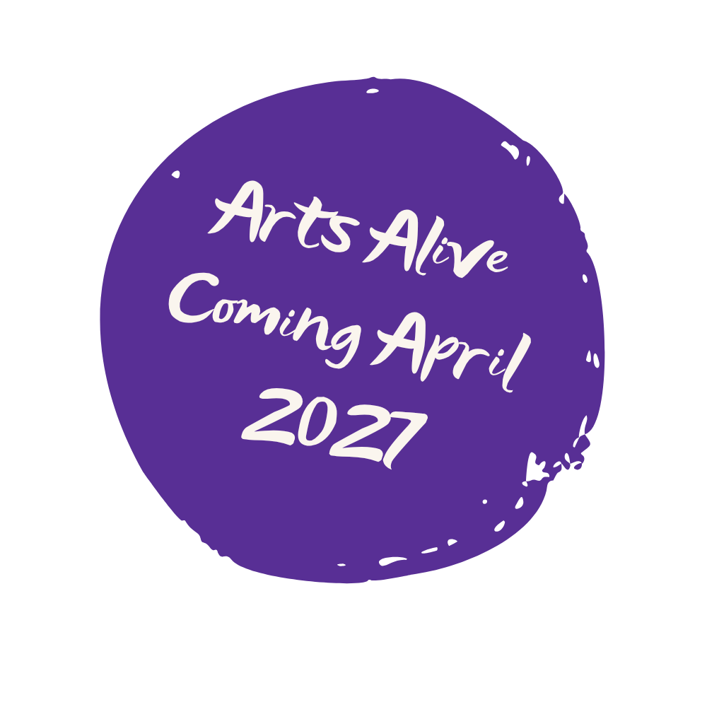 Purple circular badge with white handwritten text announcing that Arts Alive is coming in April 2027.