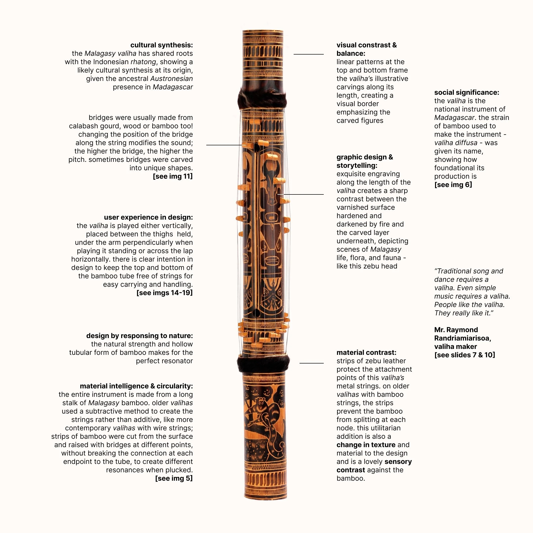 [1,2]: VALIHA (BAMBOO TUBE ZITHER)
[3,4]: Vanessa (@v.iguari) shows the polyphonic versatility of the valiha, the national instrument of Madagascar
[5]: The strings on older valihas were made completely out of bamboo cut but not separated from the su