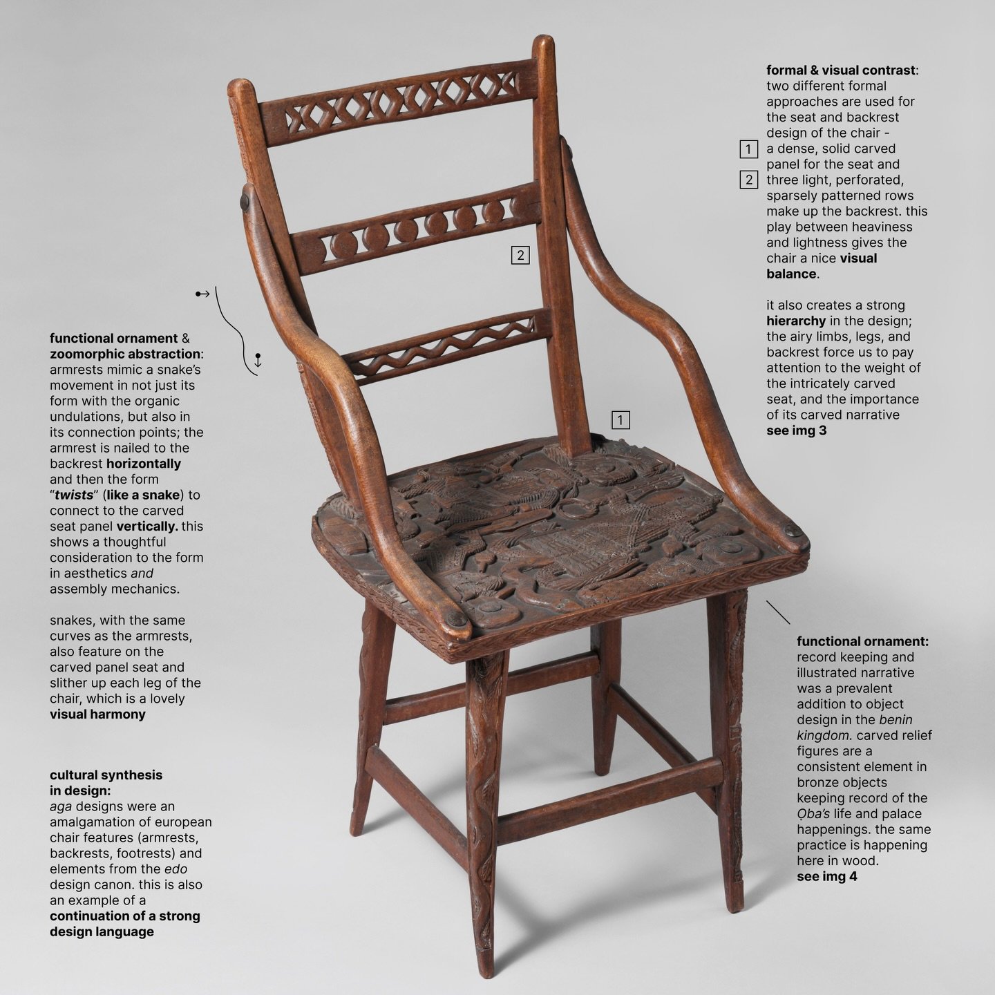 [1-3]: AGA (EUROPEAN-STYLE CHAIR)
This chair, looted by the British from the royal courts of the Benin Kingdom in 1897, is an example of a thriving design sensibility of its time that skillfully blended features from European chairs (armrests, backre