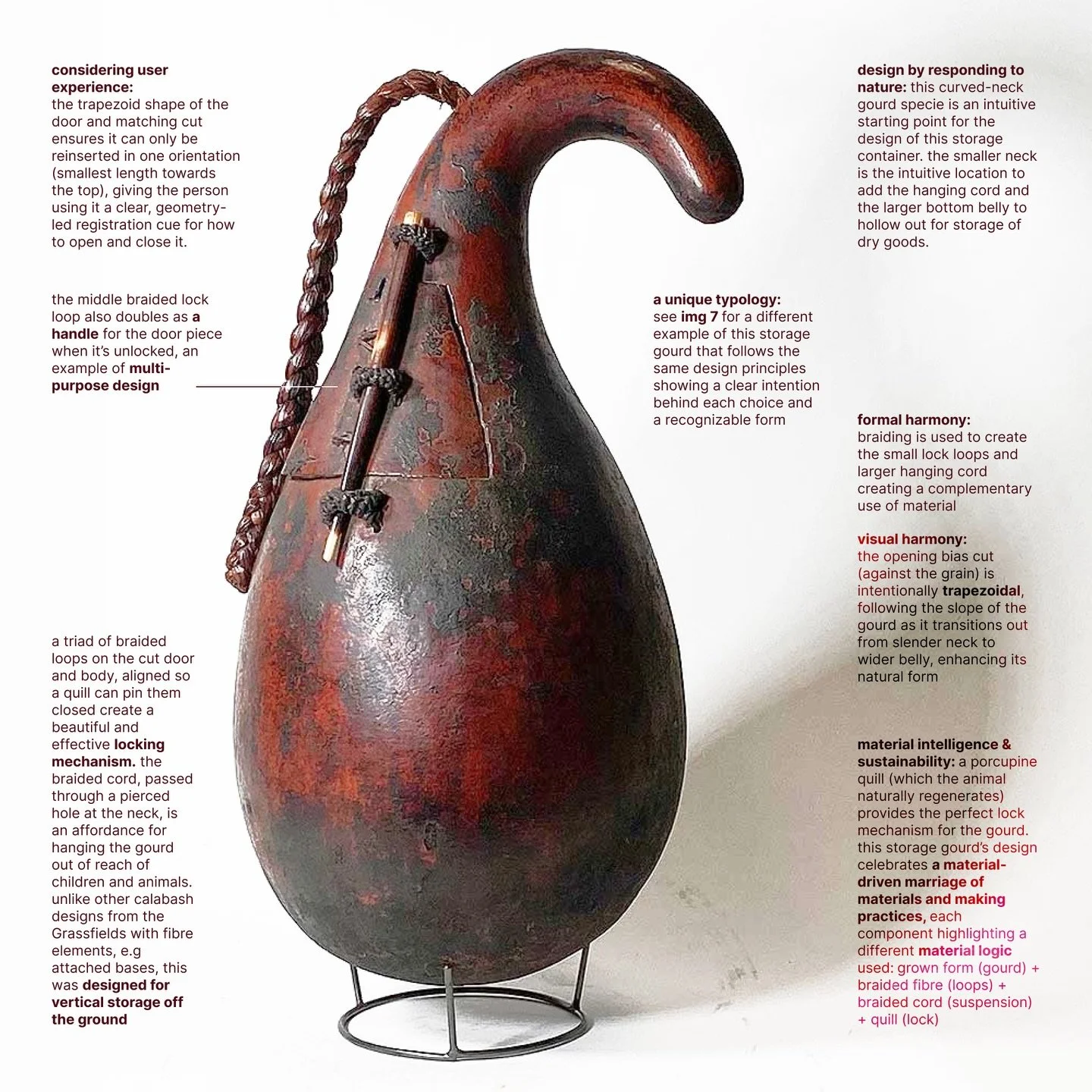 [1-3]: STORAGE GOURD WITH LOCK MECHANISM
[4,5]: The people of the Grassfields region have a strong design sensibility for calabashes, utilizing them in intelligent ways. Men are seen drinking from gourds in [4], and [5] depicts a farmer growing gourd