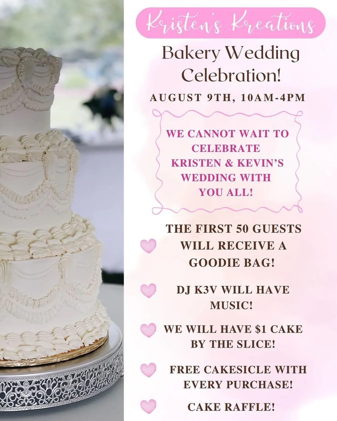 Celebrate the soon to be Mr. and Mrs. Tinker! 🤍

You&rsquo;re invited this Saturday, August 9th from 10 AM -  4 PM at Kristen&rsquo;s Kreations (110 S Main Street Versailles, KY) 

Indulge in wedding cake, dance out to DJ Kevin and wish this beautif