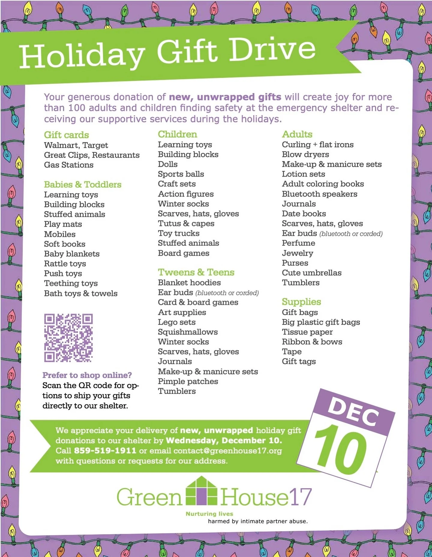 Grant a child their Christmas Wish by selecting a gift from GreenHouse17&rsquo;s list! 💜

Your generosity will spread joy into the holiday season of children and families at @greenhouse17ky a local nonprofit dedicated to supporting families impacted
