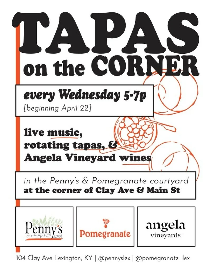 For your midweek pick-me-up, come join us for &ldquo;Tapas on the Corner!&rdquo; 

Starting next Wednesday, April 22nd from 5 PM - 7 PM at Pomegranate&rsquo;s courtyard (104 Clay Avenue, Lexington, KY 40507) there will be live local musicians, tasty 