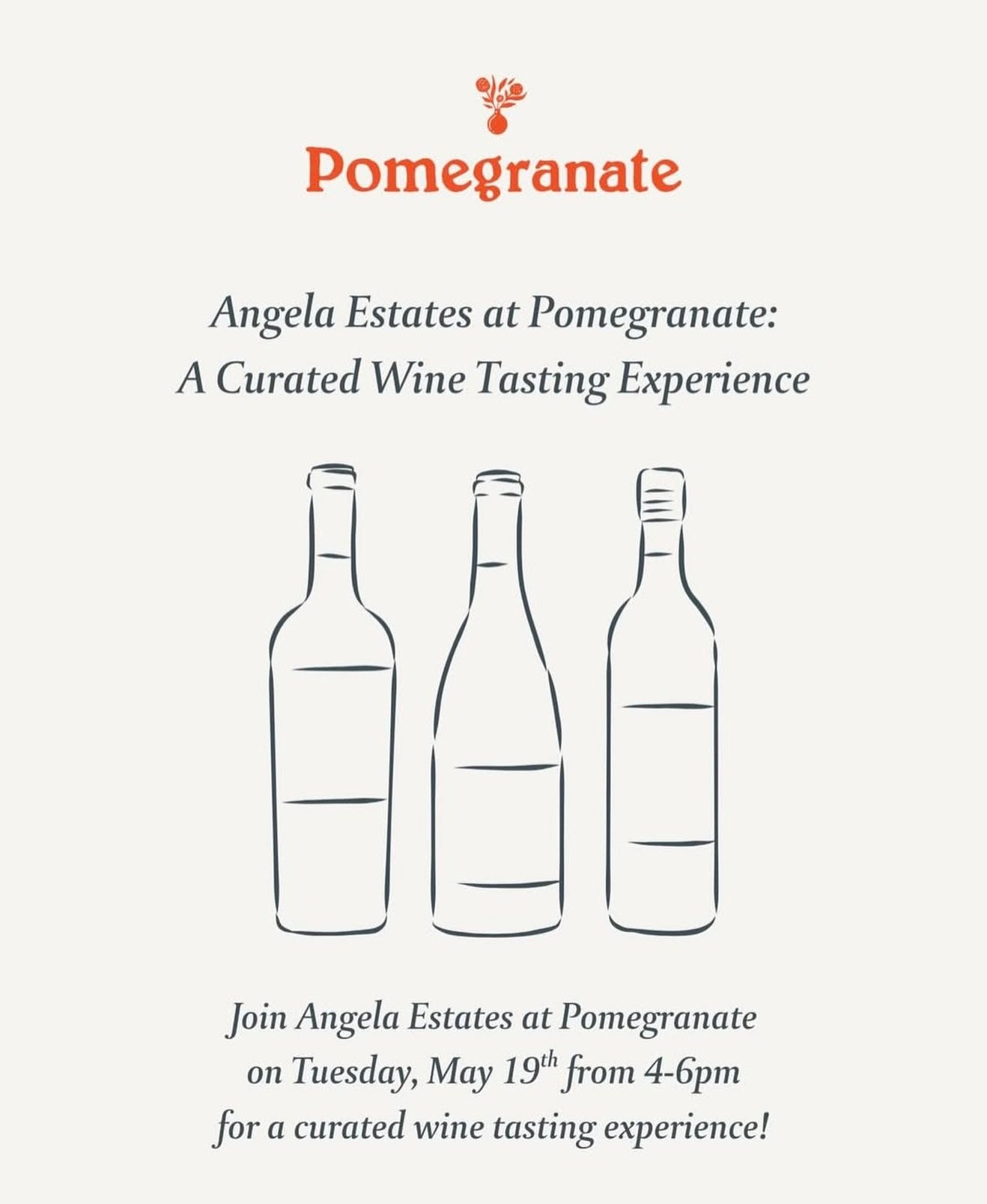 Join us for a guided wine tasting experience @pomegranate_lex (104 Clay Ave. Lexington, KY 40502) on Tuesday, May 19th from 4 PM - 6 PM featuring a curated selection of distinct, crowd-pleasing wines and charcuterie. 

Ticket Price: $45 per person 

