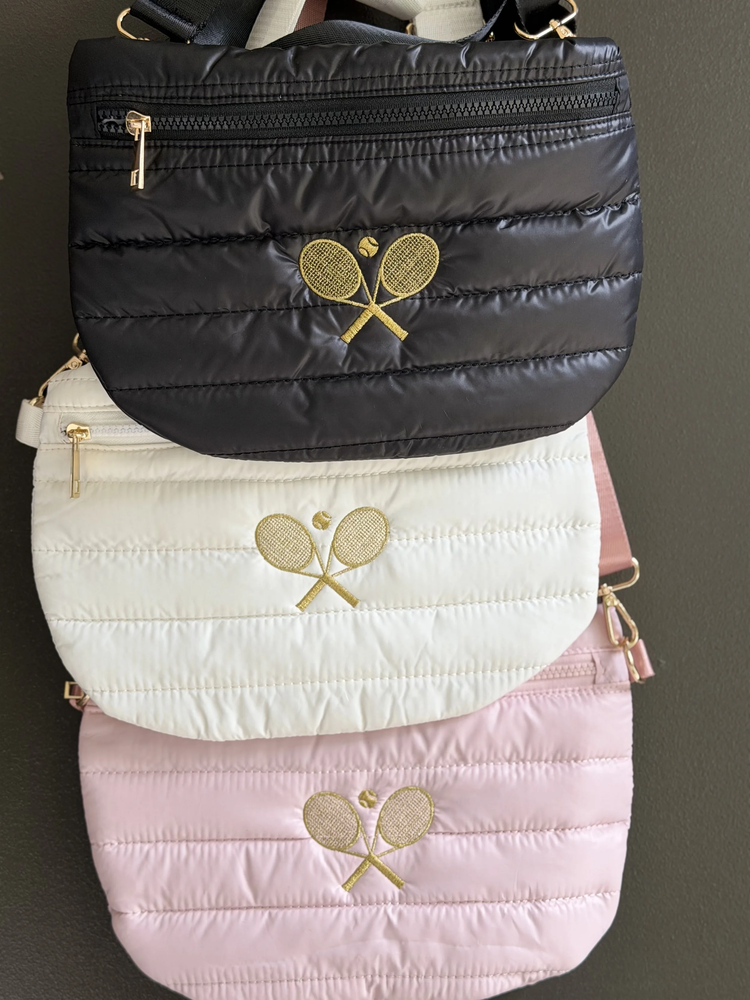 Crossbody Puffer Bag Golden Racket Embroidery- Black, Pink or White