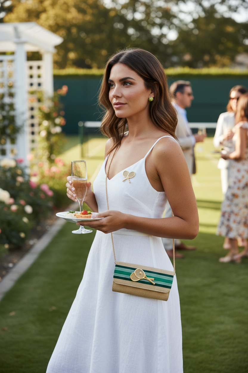 Woman in white dress holding a plate of food and a glass of champagne at an outdoor garden party