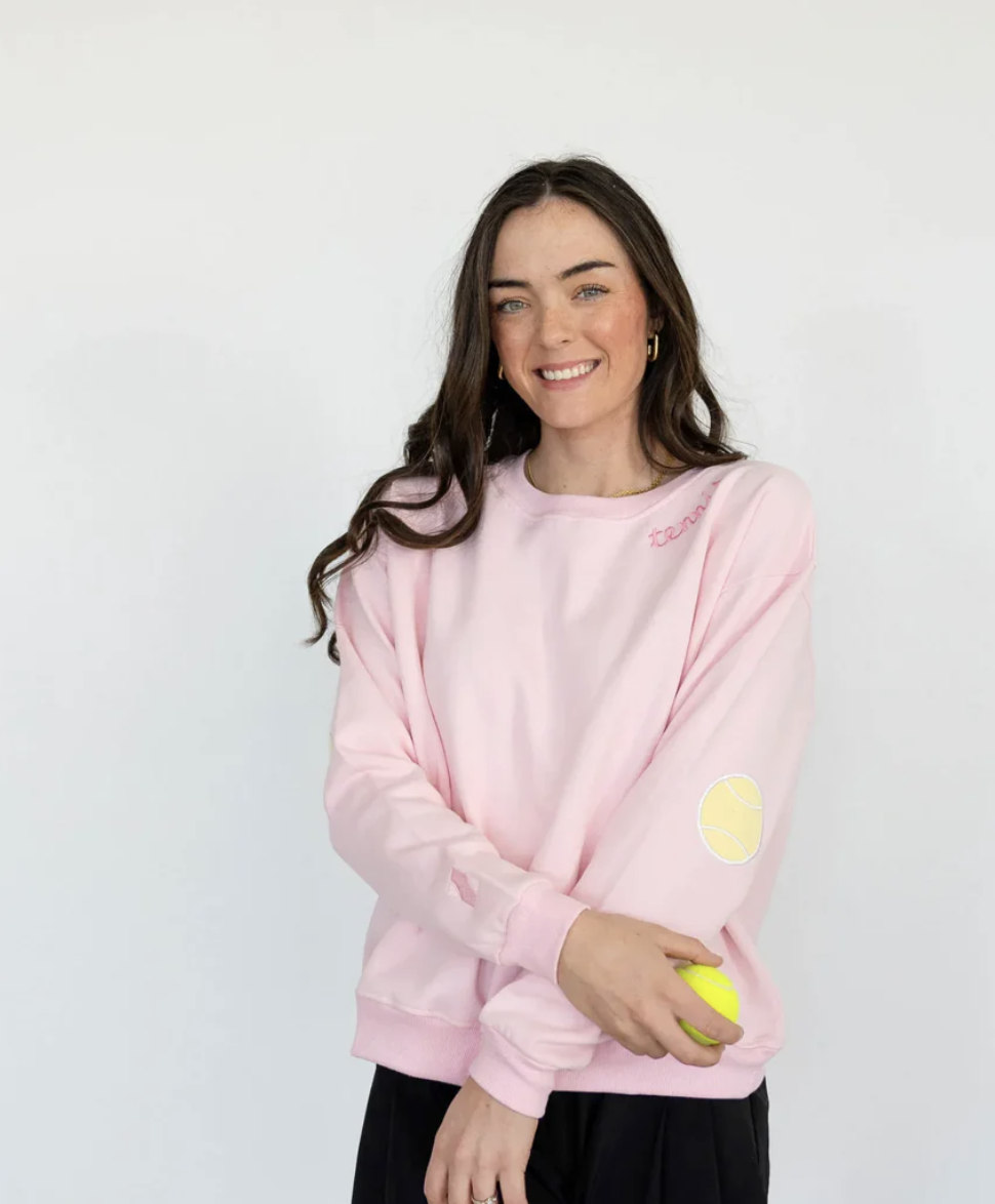 Court Life Tennis Patches Sweatshirt-Pink with Yellow Embroidery