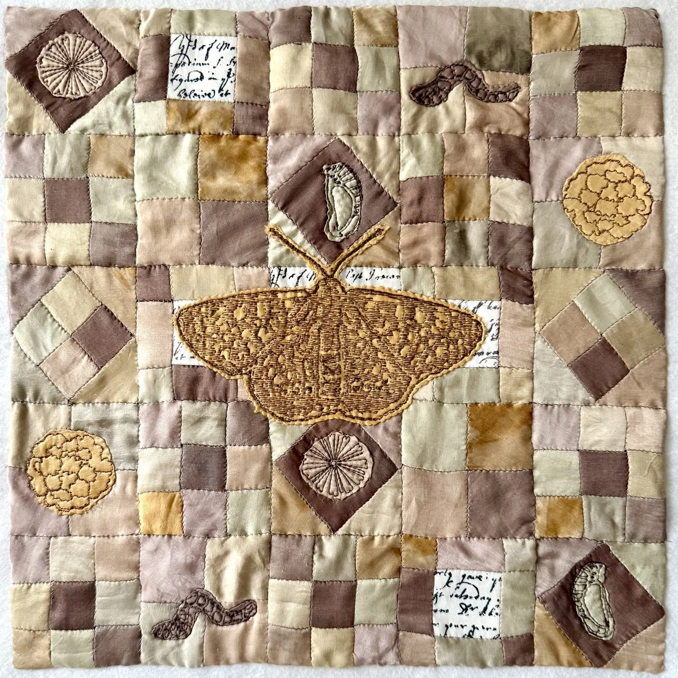 Chequered One - plant dyed silk, hand pieced patchwork, embroidery 30cm x 30cm
