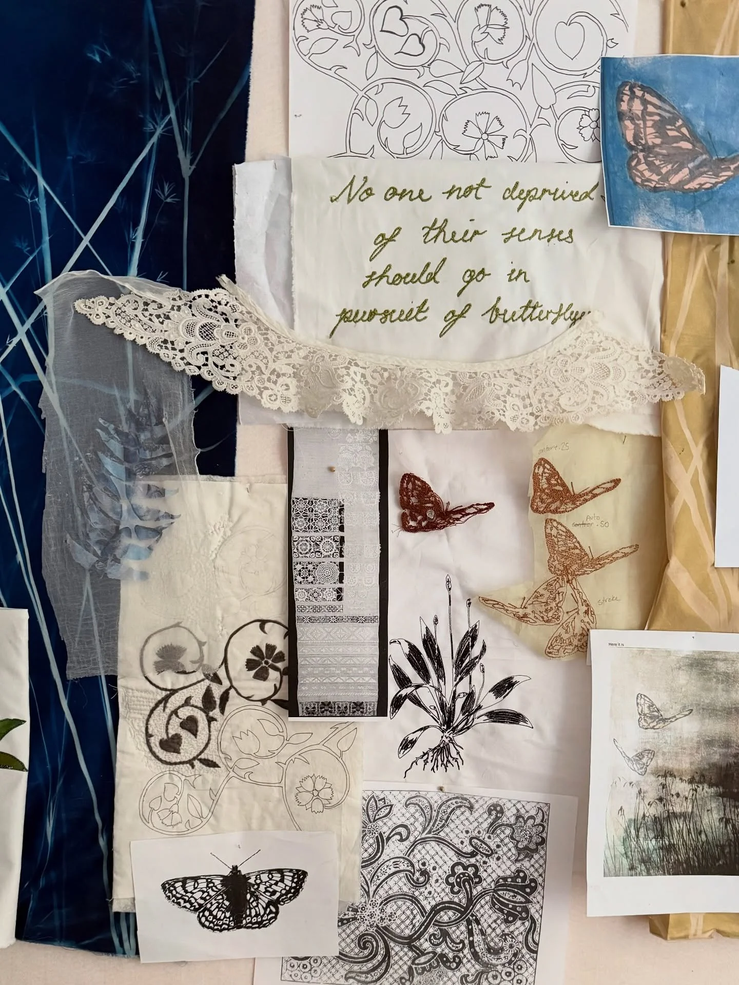 I have so many ideas for my new piece(s) but haven&rsquo;t worked out how they&rsquo;re going to go together yet so I&rsquo;m pinning lots of things up.

Some of these are samples - I&rsquo;ve been experimenting with digital stitch on organza and fre