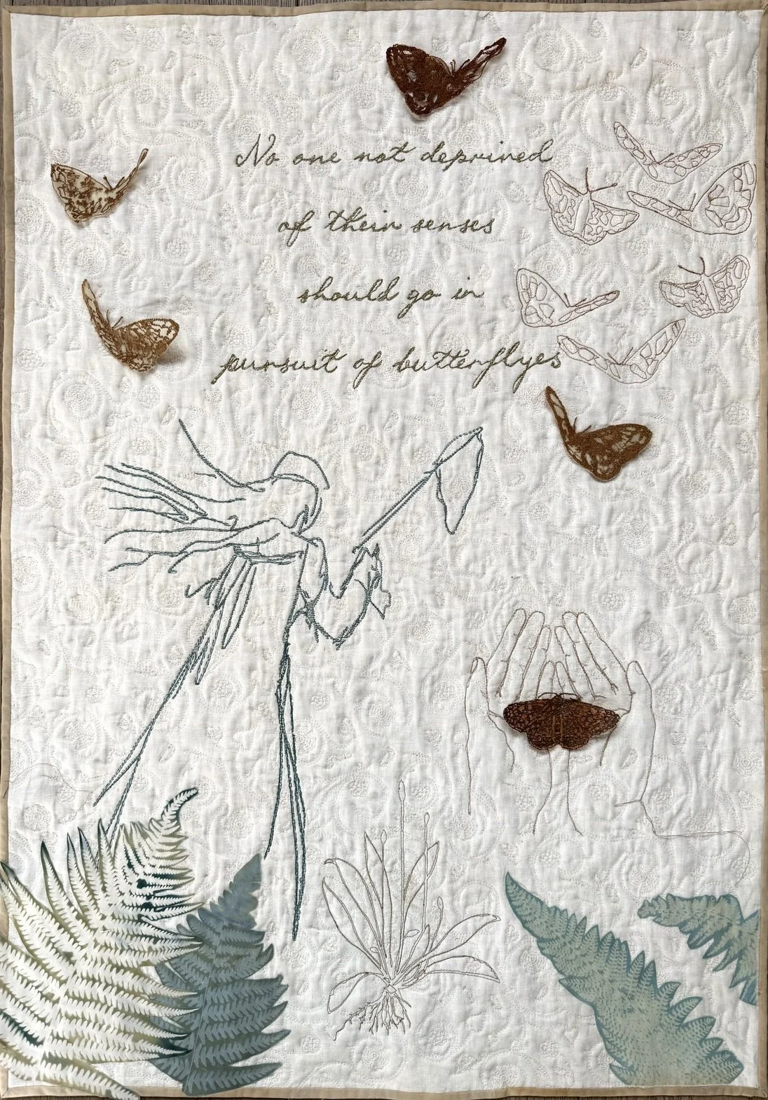 Psyche One - whole cloth quilt on linen, embroidery, cyanotype 60cm x 80cm