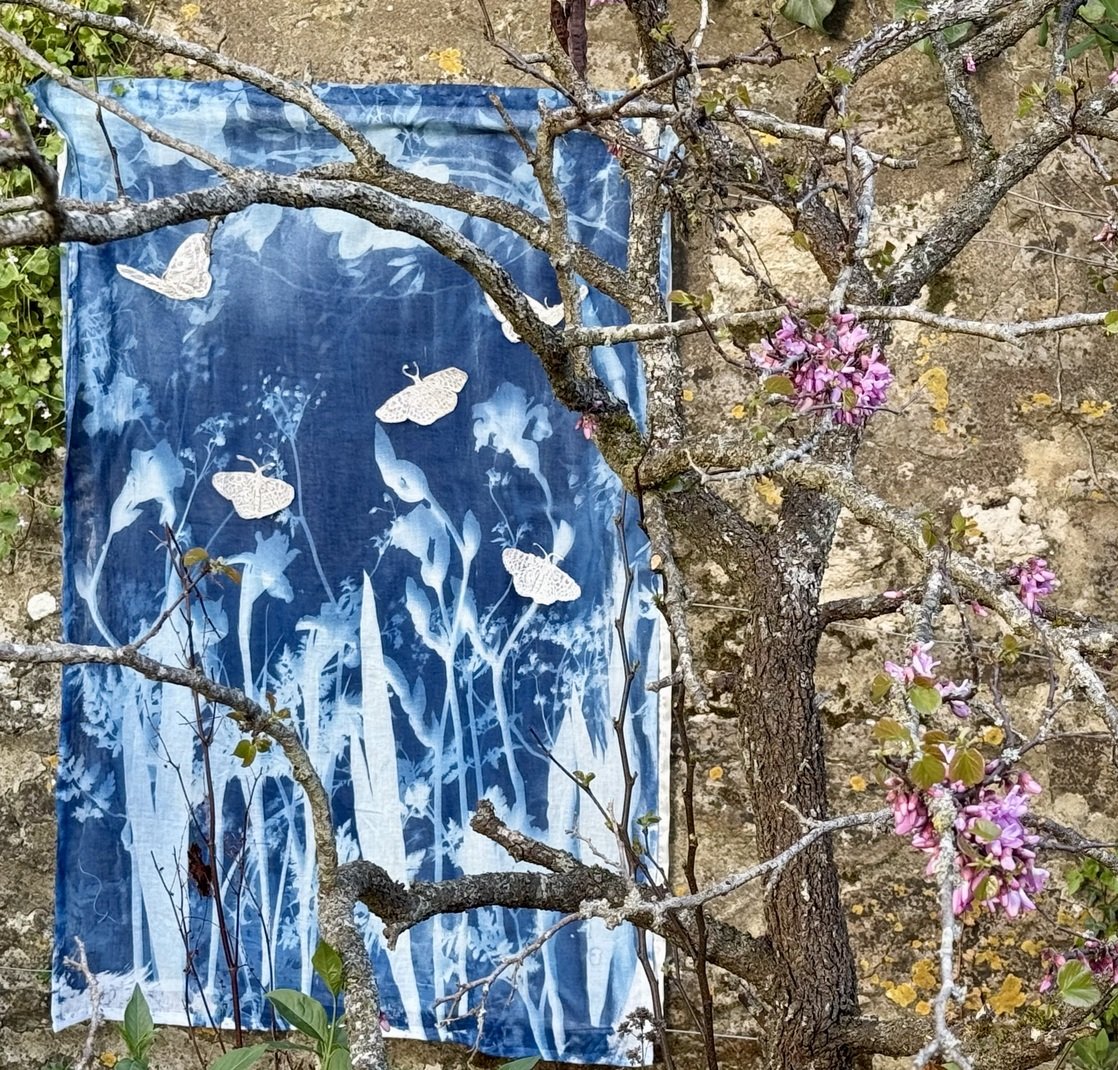 Gossamer One - whole cloth cyanotype, embroidered silk butterflies, silk backing 72cm x 100cm
