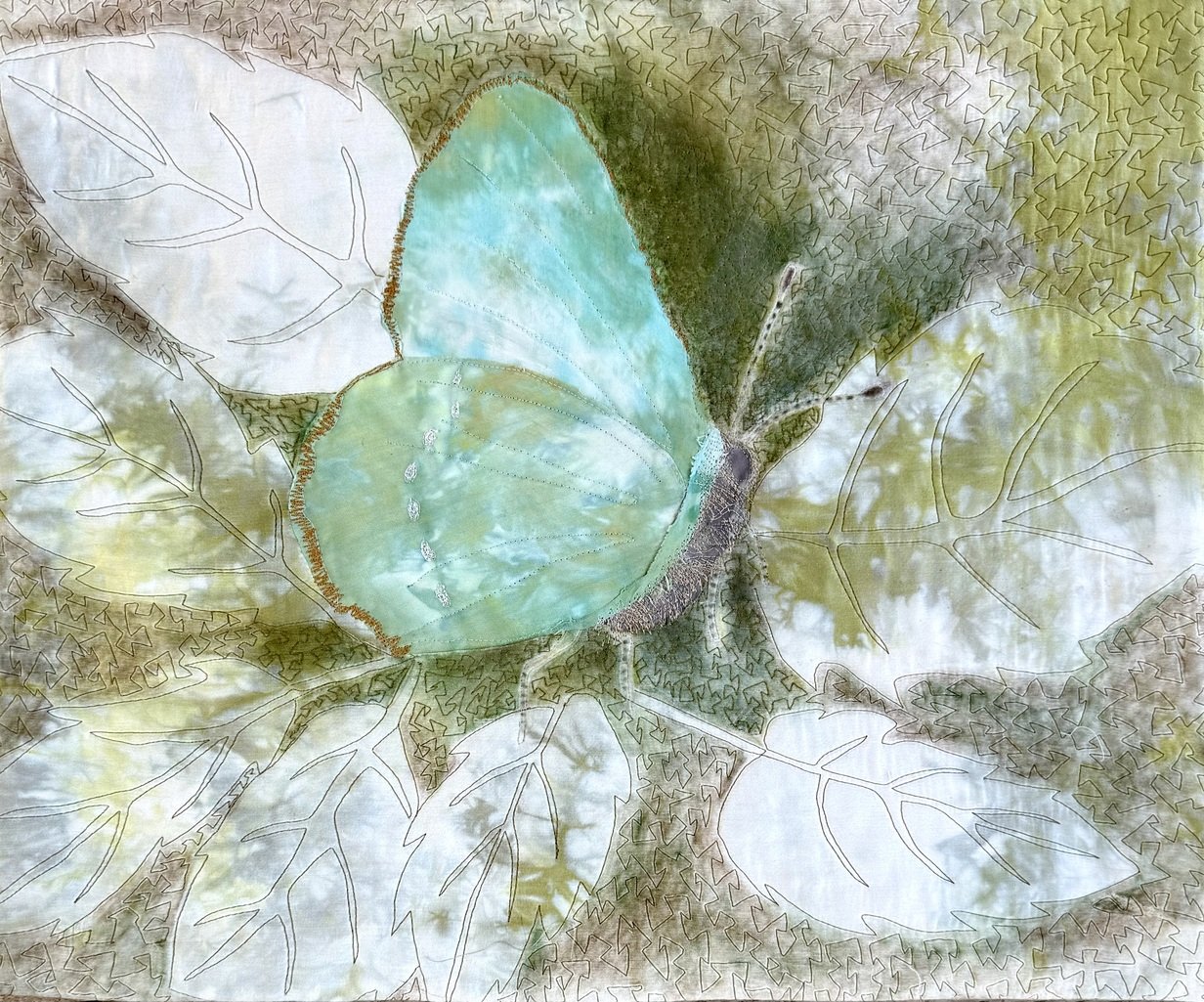 Green Hairstreak - hand dyed silk, applique, embroidery 46cm x 38cm
