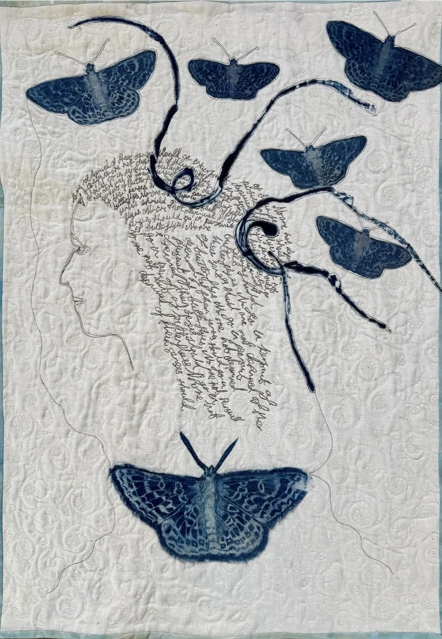 Psyche Two - whole cloth quilt on linen, embroidery, cyanotype 60cm x 80cm