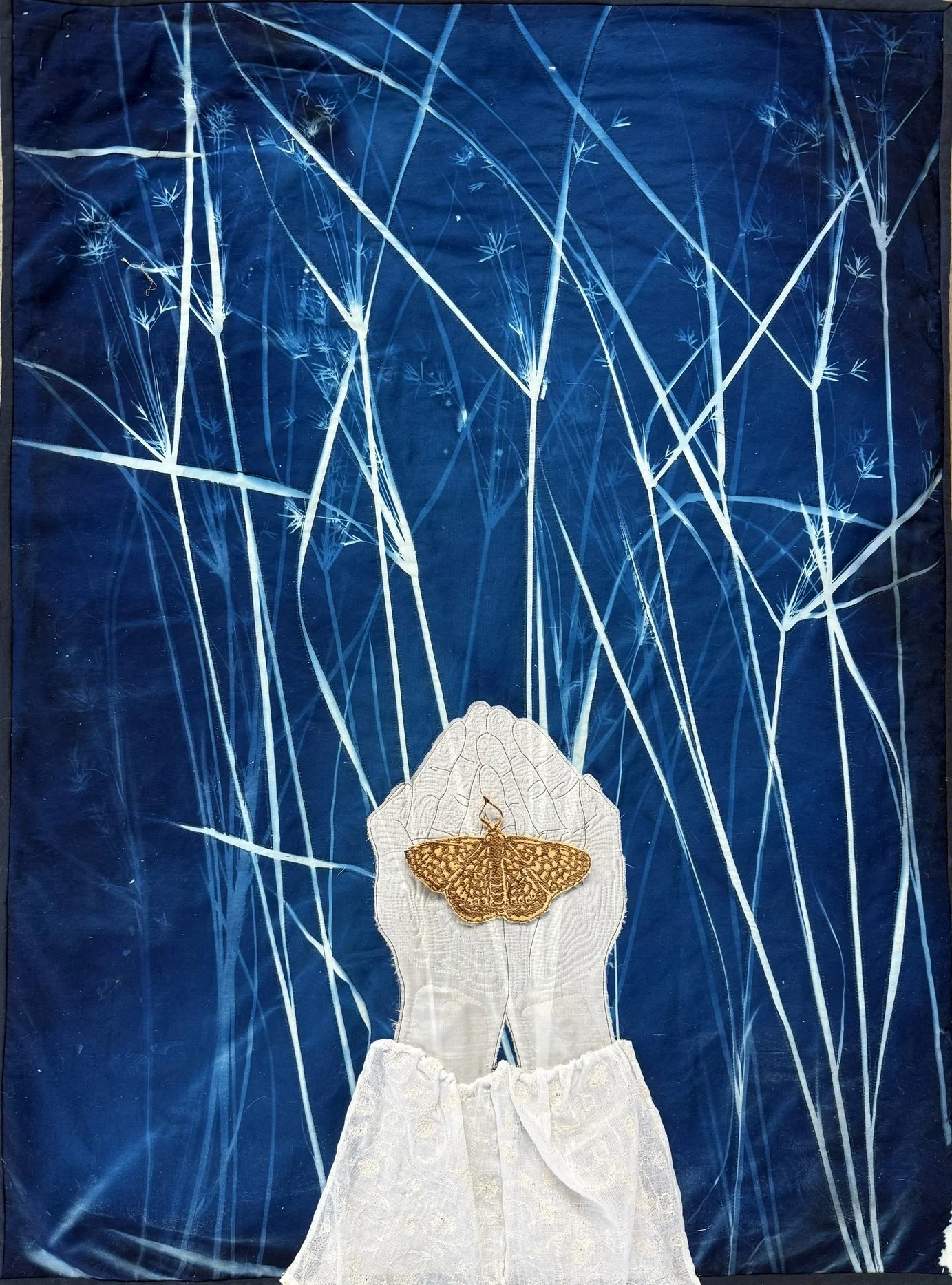 Held - whole cloth cyanotype, applique, embroidery 66cm x 90cm