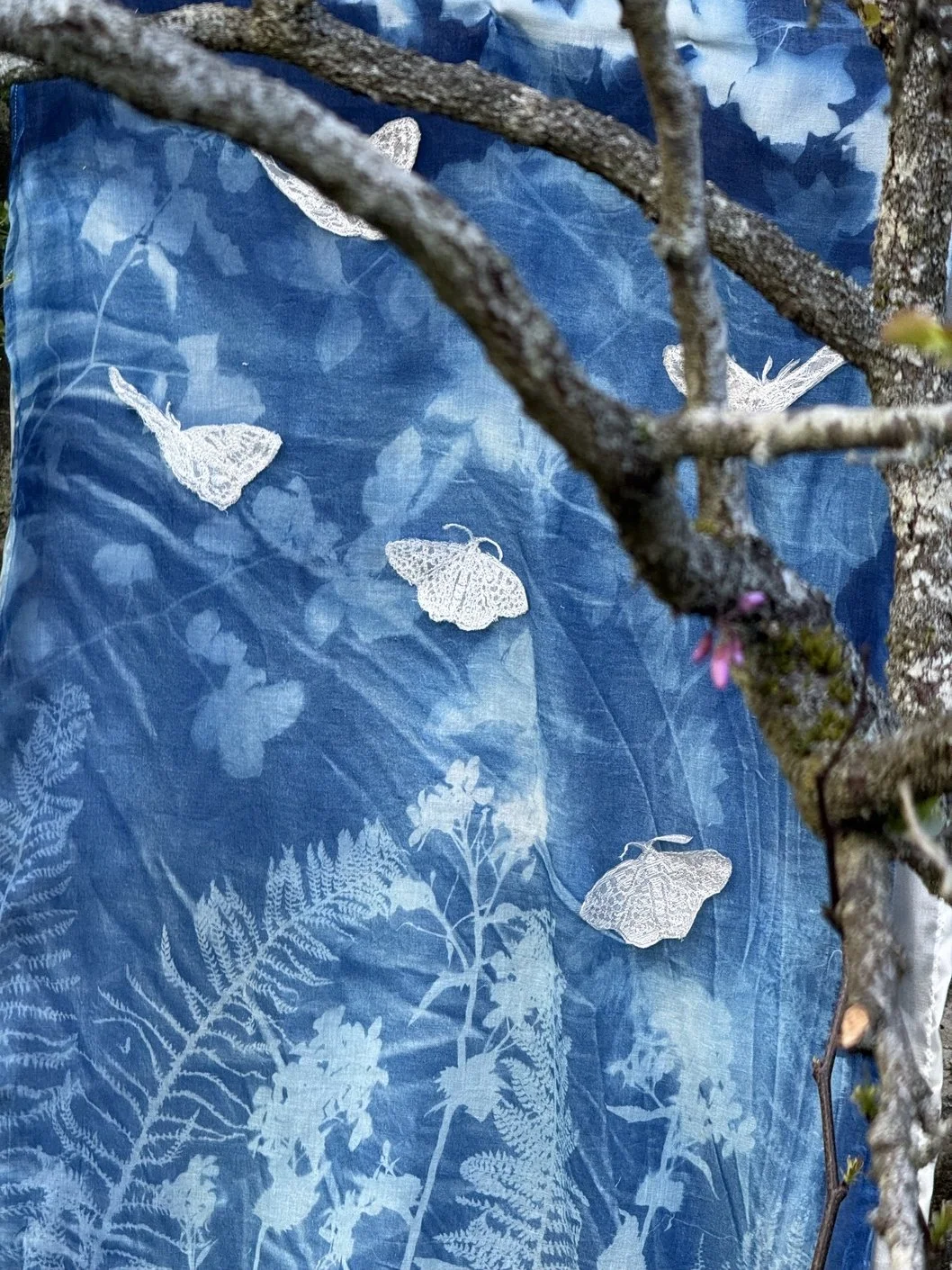 Gossamer Two - whole cloth cyanotype, embroidered silk butterflies, silk backing 60cm x 100cm