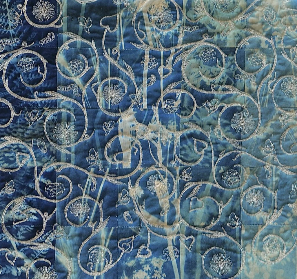 Chequered Two - pieced cyanotype patchwork, embroidery 30cm x 30cm