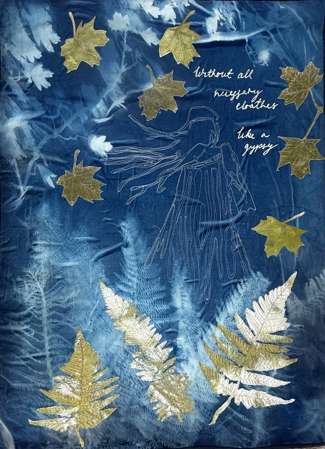 The Copse - whole cloth cyanotype, monoprint, applique, embroridery 66cm x 90cm