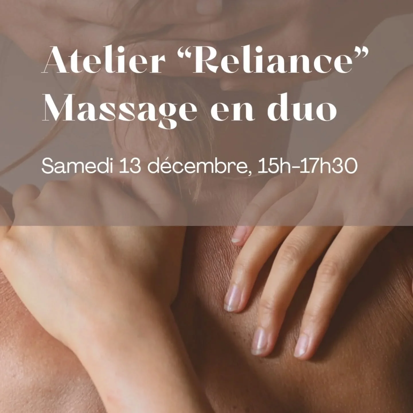 ✨&quot;Reliance&quot;, Atelier de massage en duo 💆🏼&zwj;♀️💆🏼
.
Samedi 13 d&eacute;cembre, 15h-17h30
.
&Agrave; Oms ou C&eacute;ret, confirmation &agrave; venir ✨
.
👉🏼 Toutes les infos sont en slide. 
.
&amp; Pas besoin de venir en couple ;) Tu 