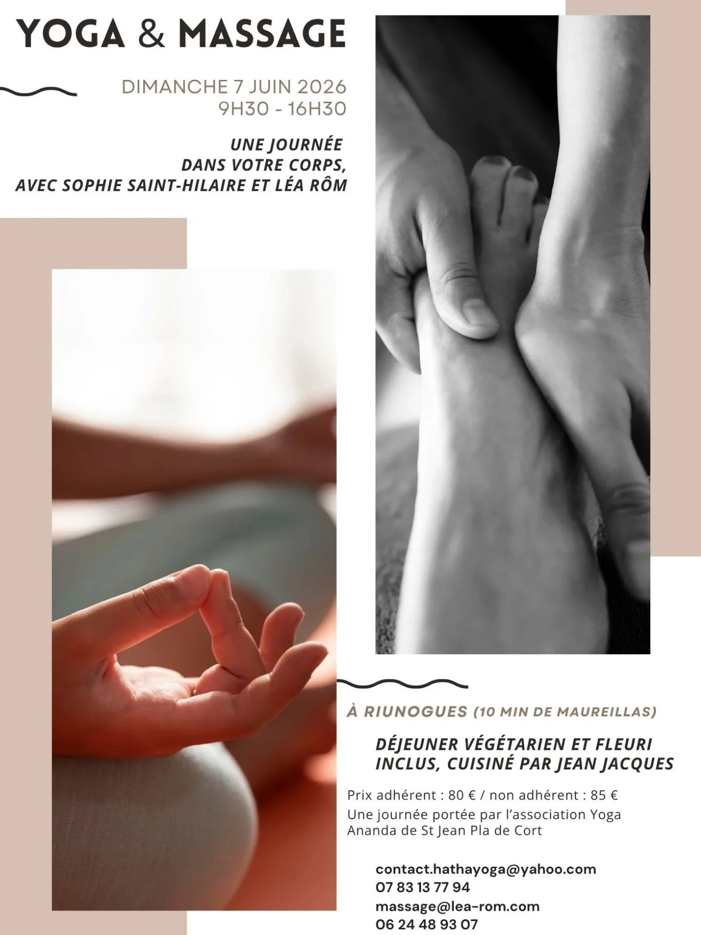 ✨✨✨ Stage yoga &amp; massage ✨✨ ✨ 
.
hathayogasophie66 et moi sommes tr&egrave;s heureuses de vous proposer une journ&eacute;e de ressourcement et de d&eacute;connexion autour d&rsquo;une alliance du Hatha Yoga et du massage.

👉🏼 Dimanche 7 juin de