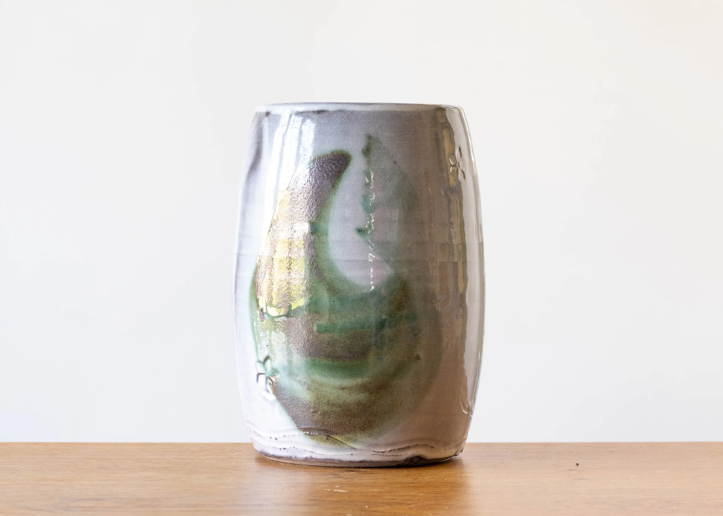Large Handmade Pottery Vase with Green Brush Marks, view 1.jpg