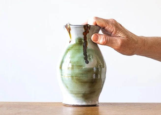Medium Bud Base with Green Brush Marks #2, with hand for scale.jpg