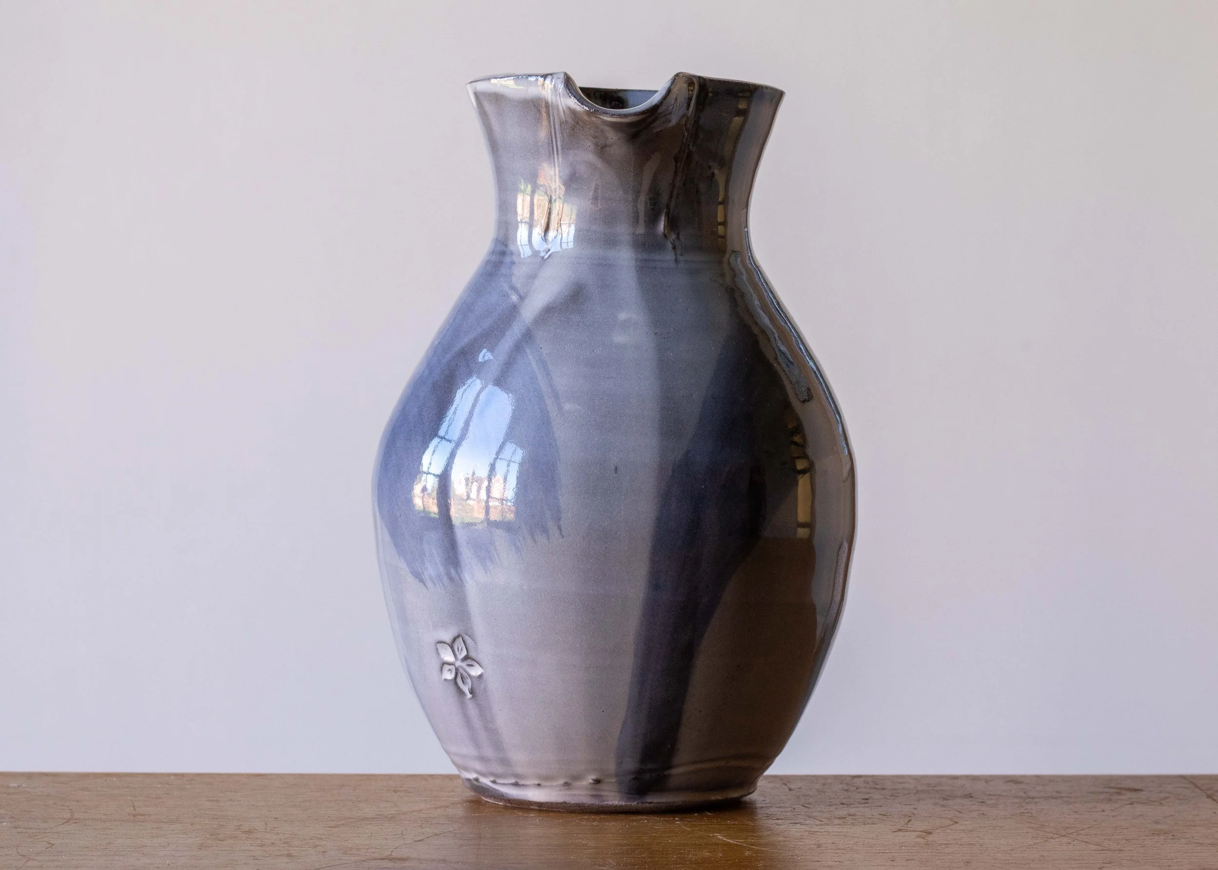 Large Handmade Pottery Jug with Blue Brush Marks, view 3.jpg