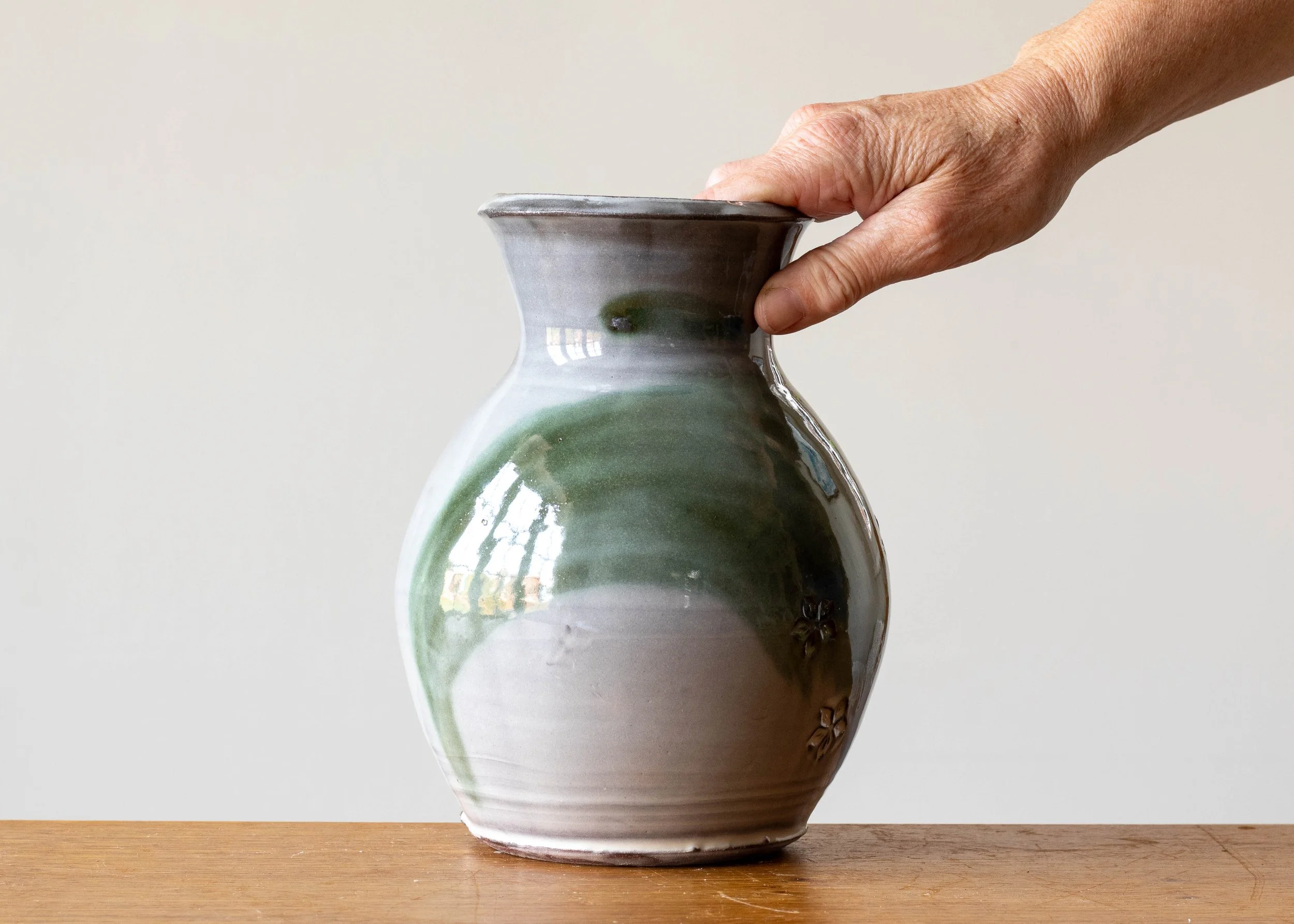 Handmade Stoneware Pottery Vase with Green Brush Mark, view 7.jpg