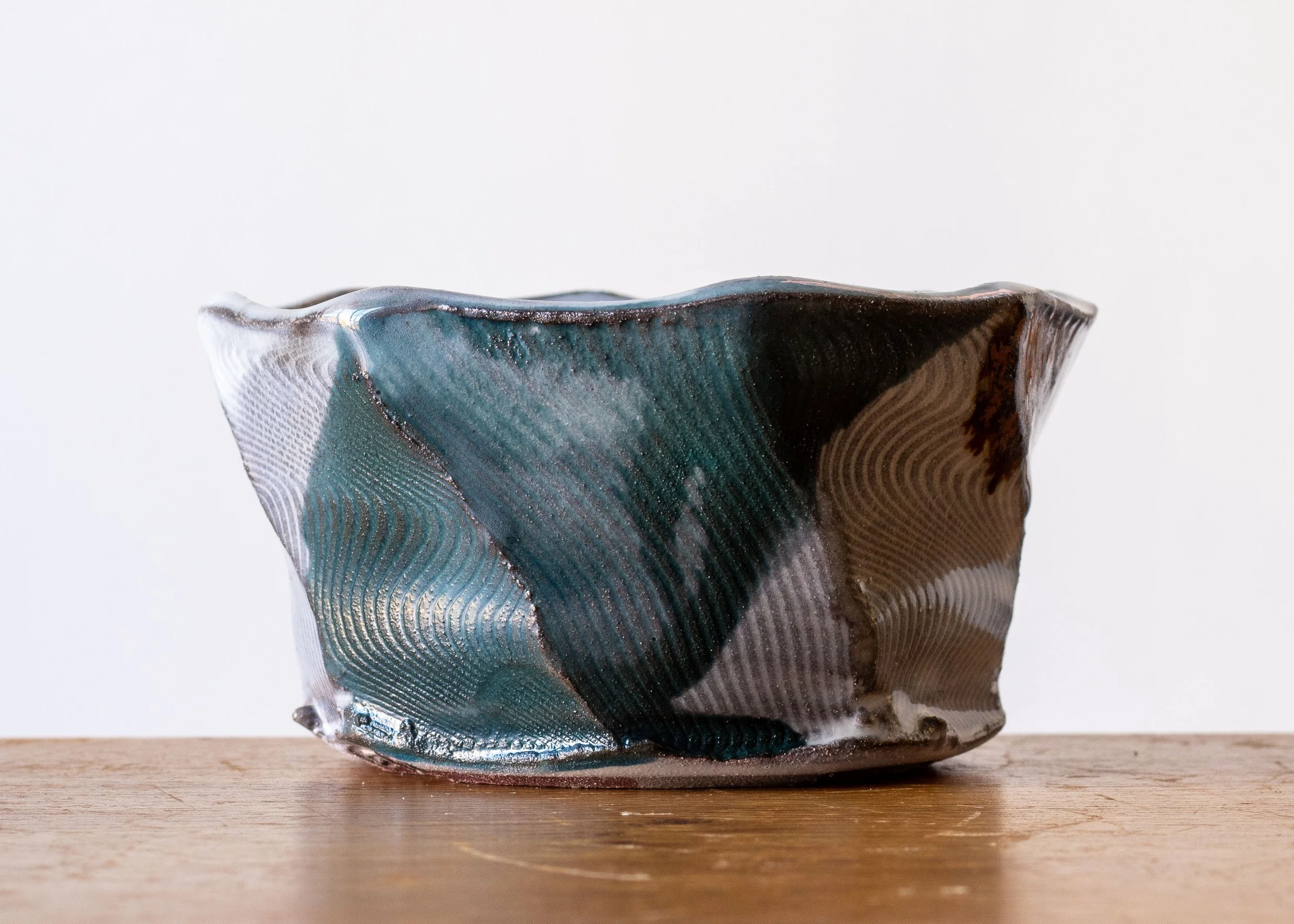Handmade Pottery Faceted Bowl with Turquoise Brush Marks, view 4.jpg
