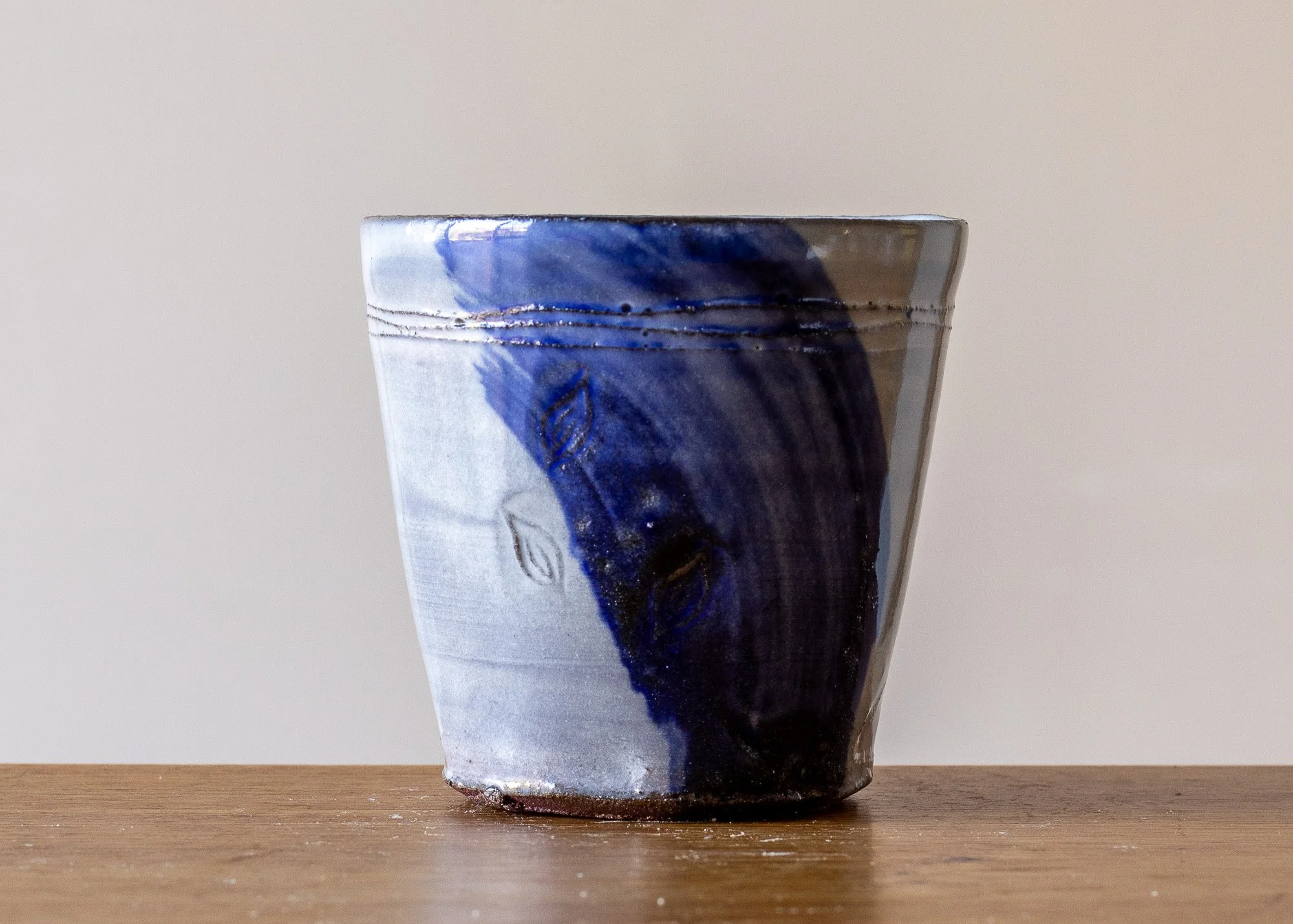 Small Handmade Pottery Beaker with Blue Brushed Decoration, side 3.jpg