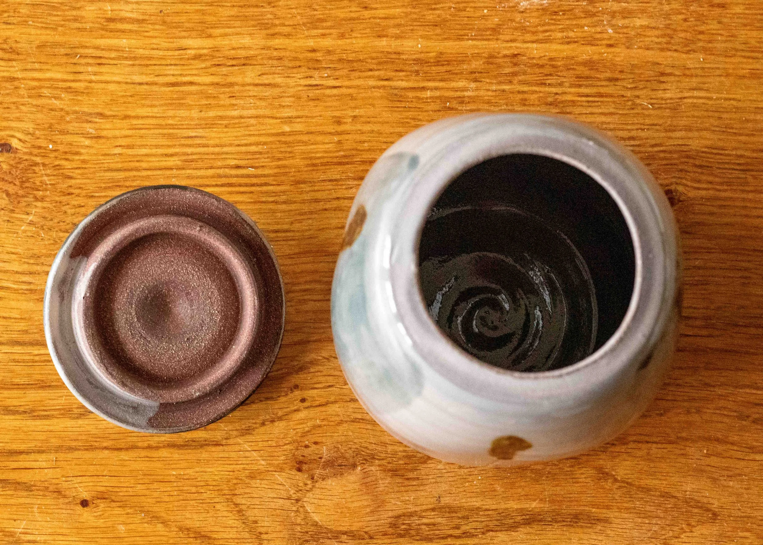 Handmade Lidded Pot with Green Brush Mark #2, view of inside.jpg