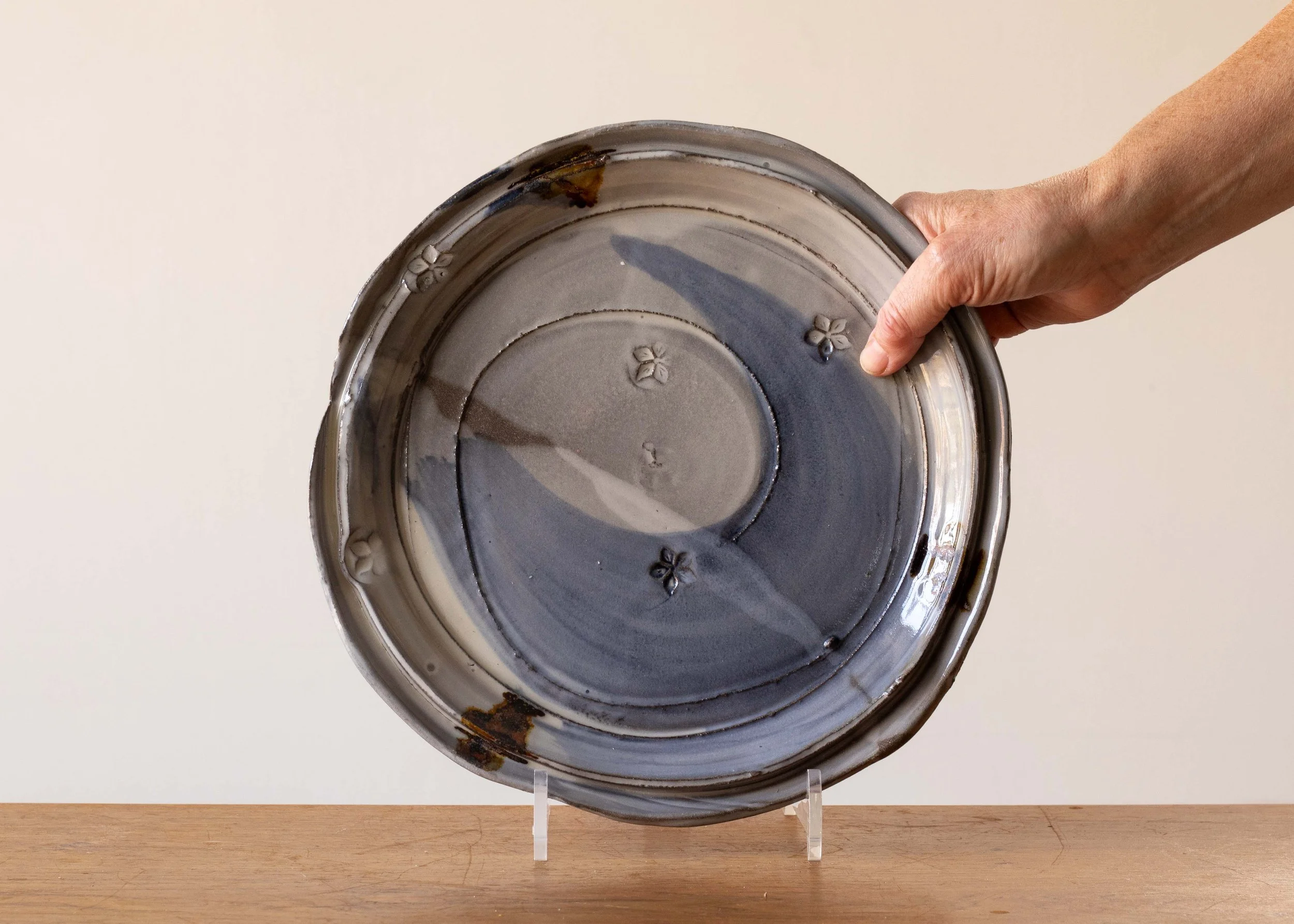 Handmade Pottery Dinner Plate with Blue Brush Marks, view 2.jpg