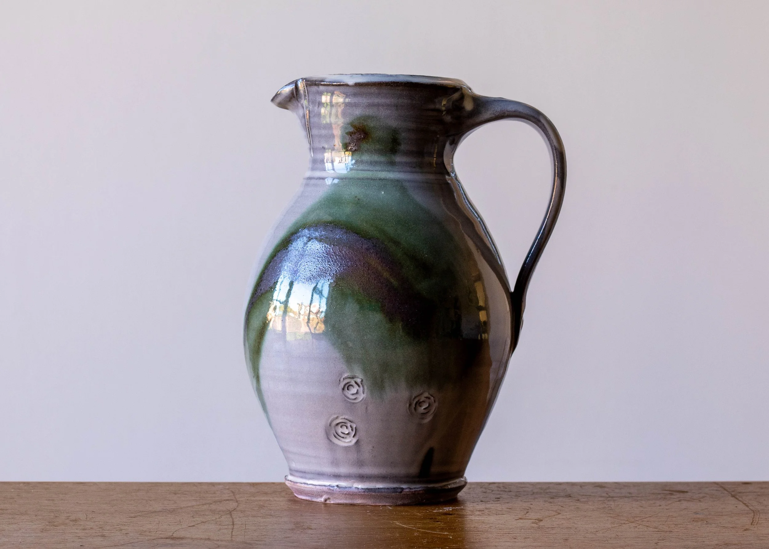 Handmade Pottery Jug with Green Brush Marks, view 1.jpg