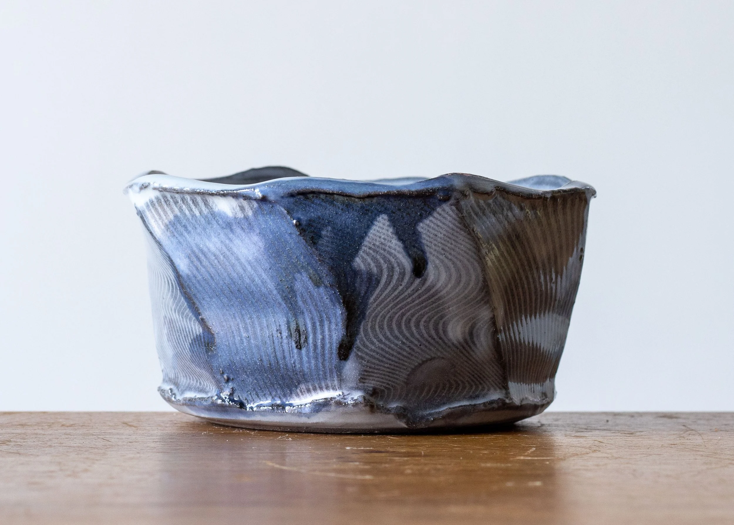Handmade Pottery Faceted Bowl with Blue Brush Marks, view 3.jpg