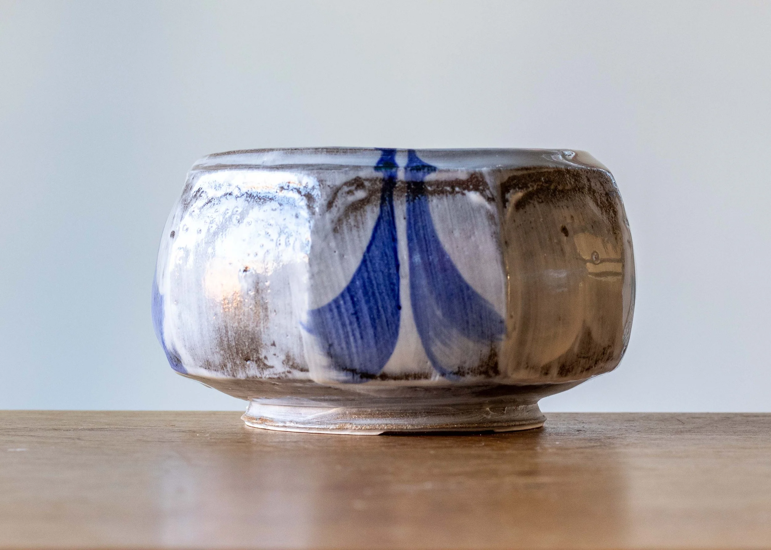 Handmade Pottery Faceted Bowl, New Work 2025, with Blue Brush Marks, view 4.jpg