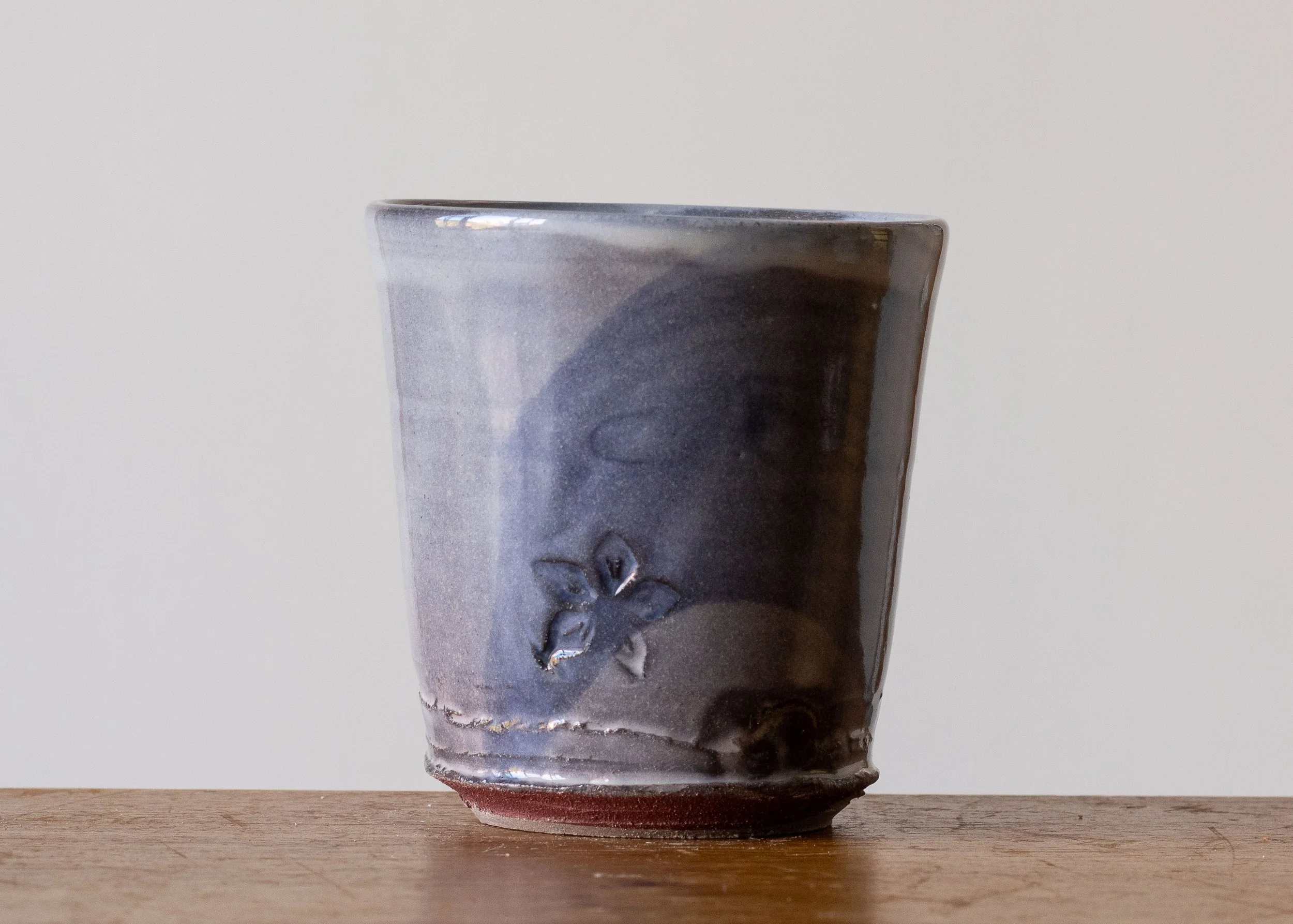 Handmade Pottery Beaker with Blue Brush Marks, view 1.jpg