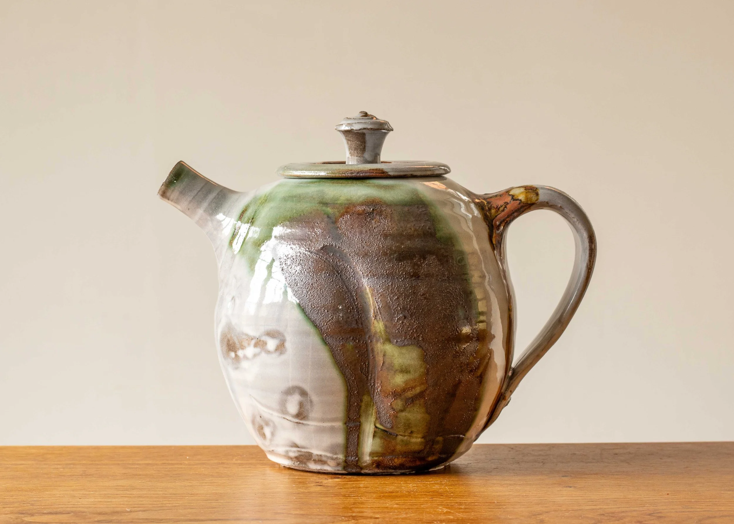 Japandi Style Teapot with Green Brush Marks, view 1.jpg