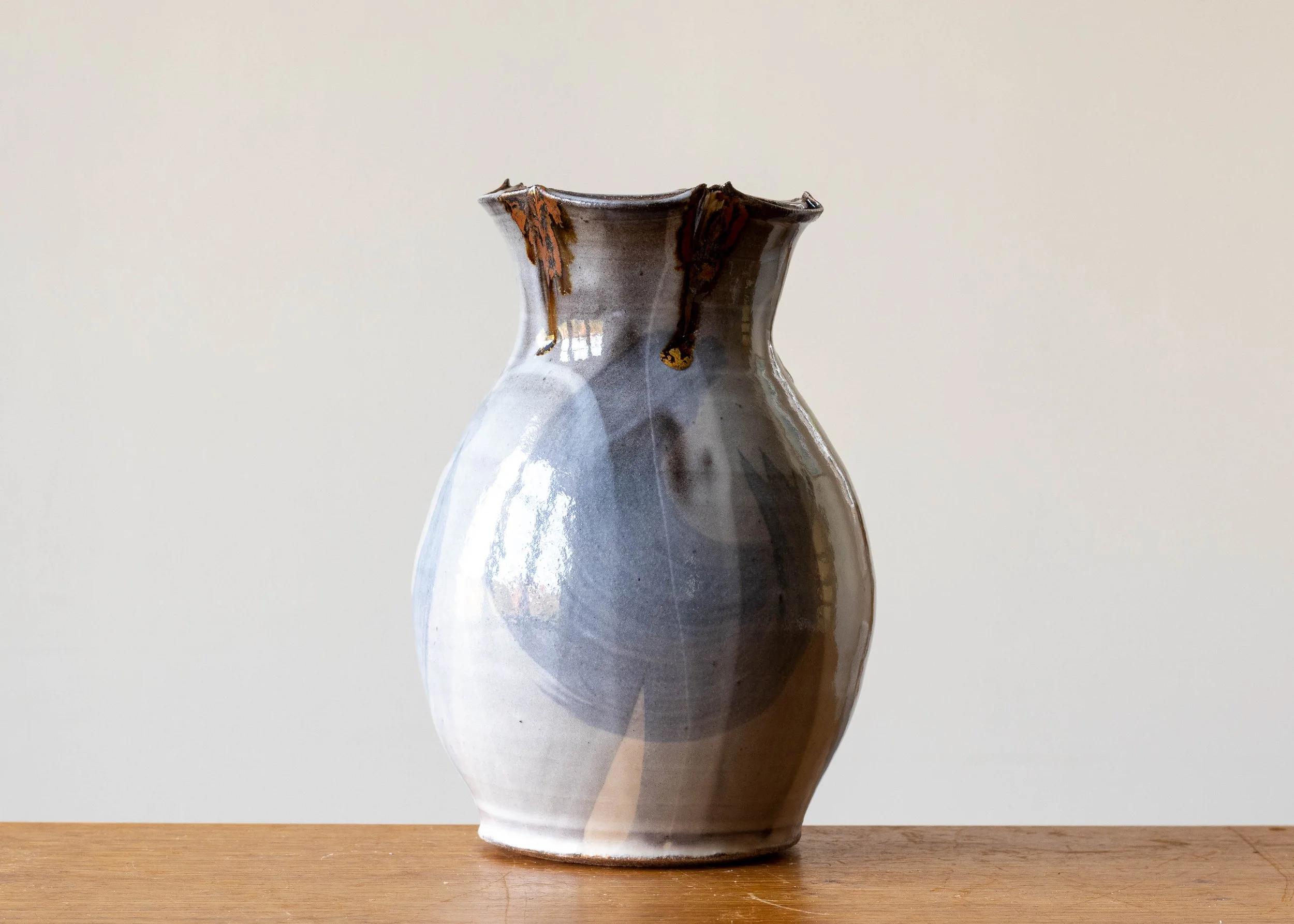 Handmade Stoneware Pottery Vase with Blue Brush Mark, view 1.jpg