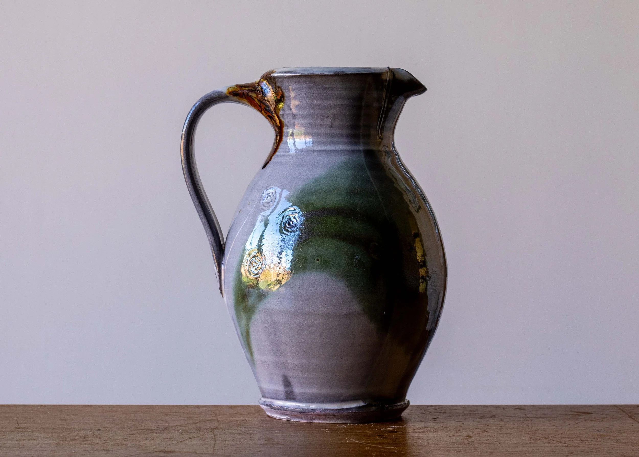 Handmade Pottery Jug with Green Brush Marks, view 4.jpg