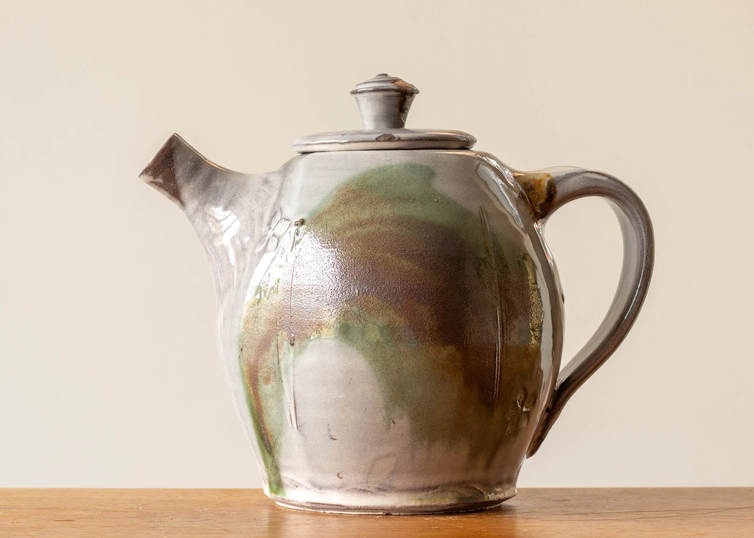 Handmade Pottery Teapot with Green Brush Marks, view 1.jpg