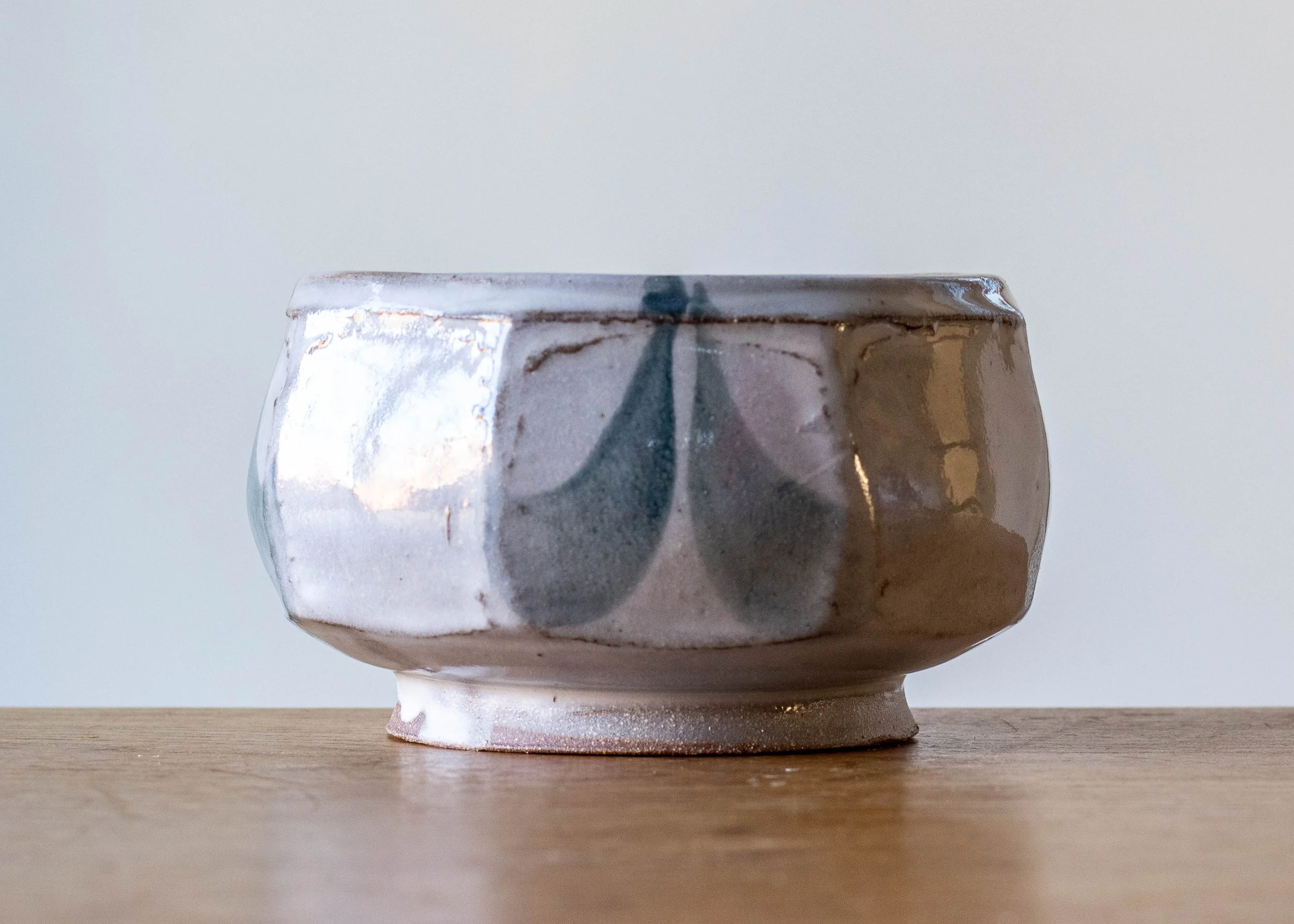 Handmade Pottery Faceted Bowl, New Work 2025, with Green Brush Marks, view 4.jpg