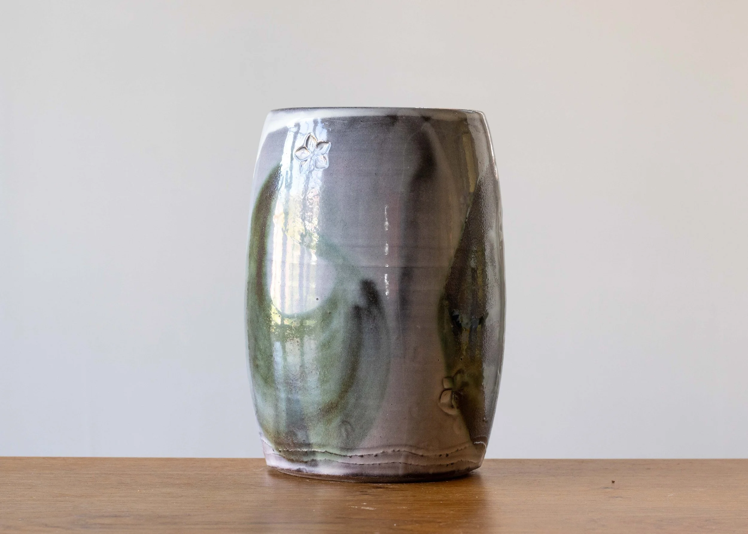 Large Handmade Pottery Vase with Green Brush Marks, view 2.jpg