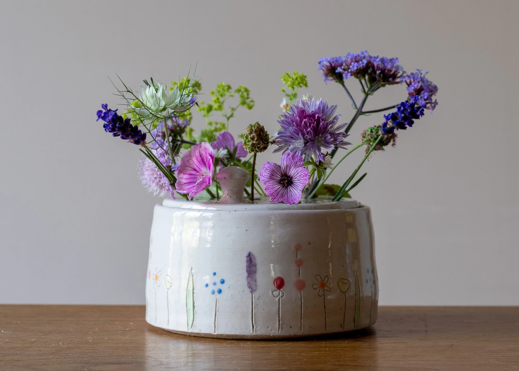 Low Handmade Pottery Flower Brick with Midsummer Decoration, with Summer flowers.jpg