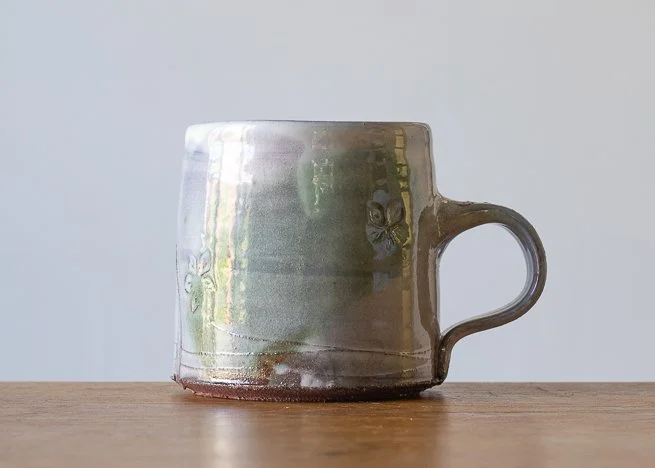 Handmade Pottery Mug wiith Green Brush Marks.jpg