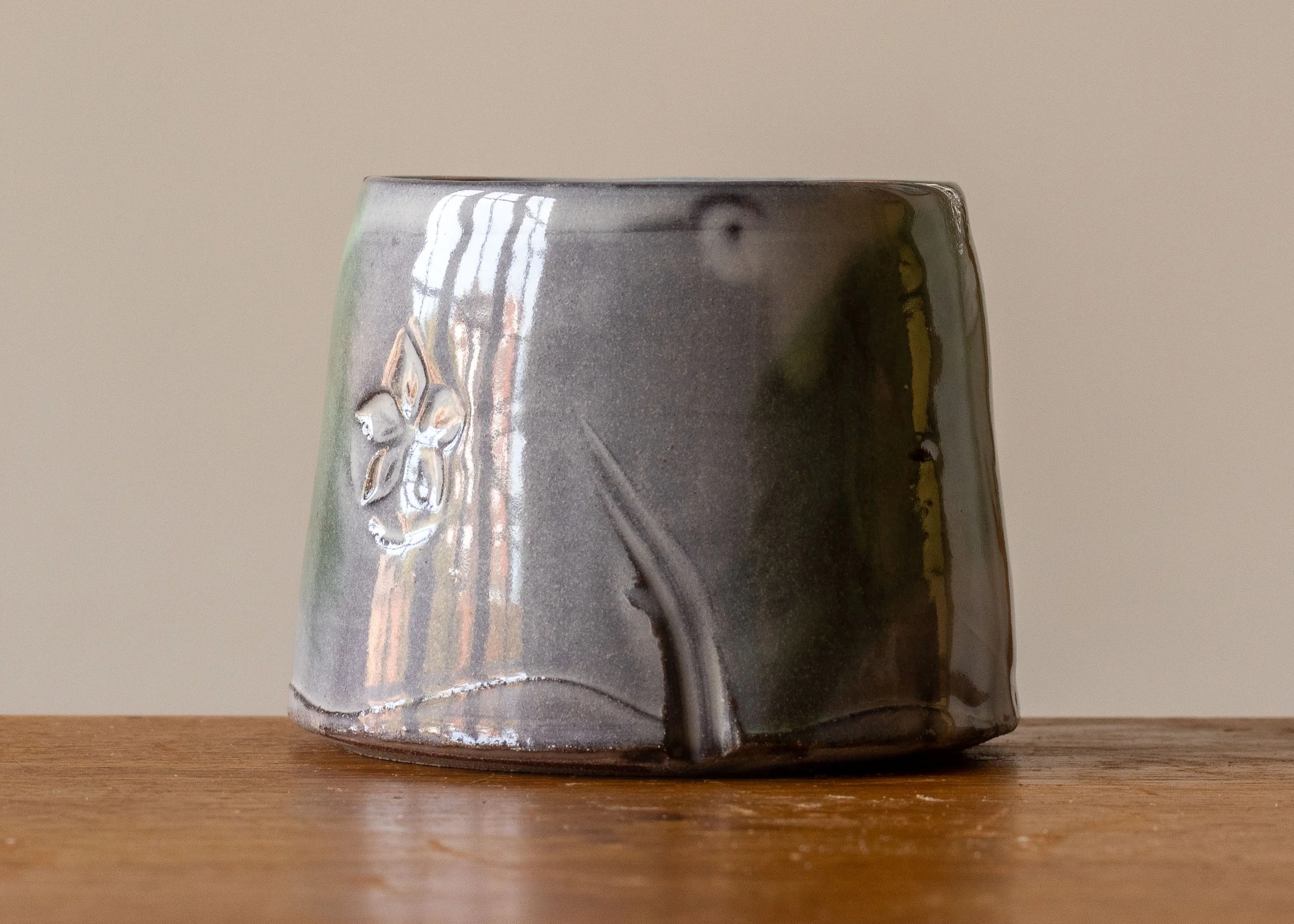 Handmade Pottery Coffee Cup with Green Brush Marks #1, view 2.jpg
