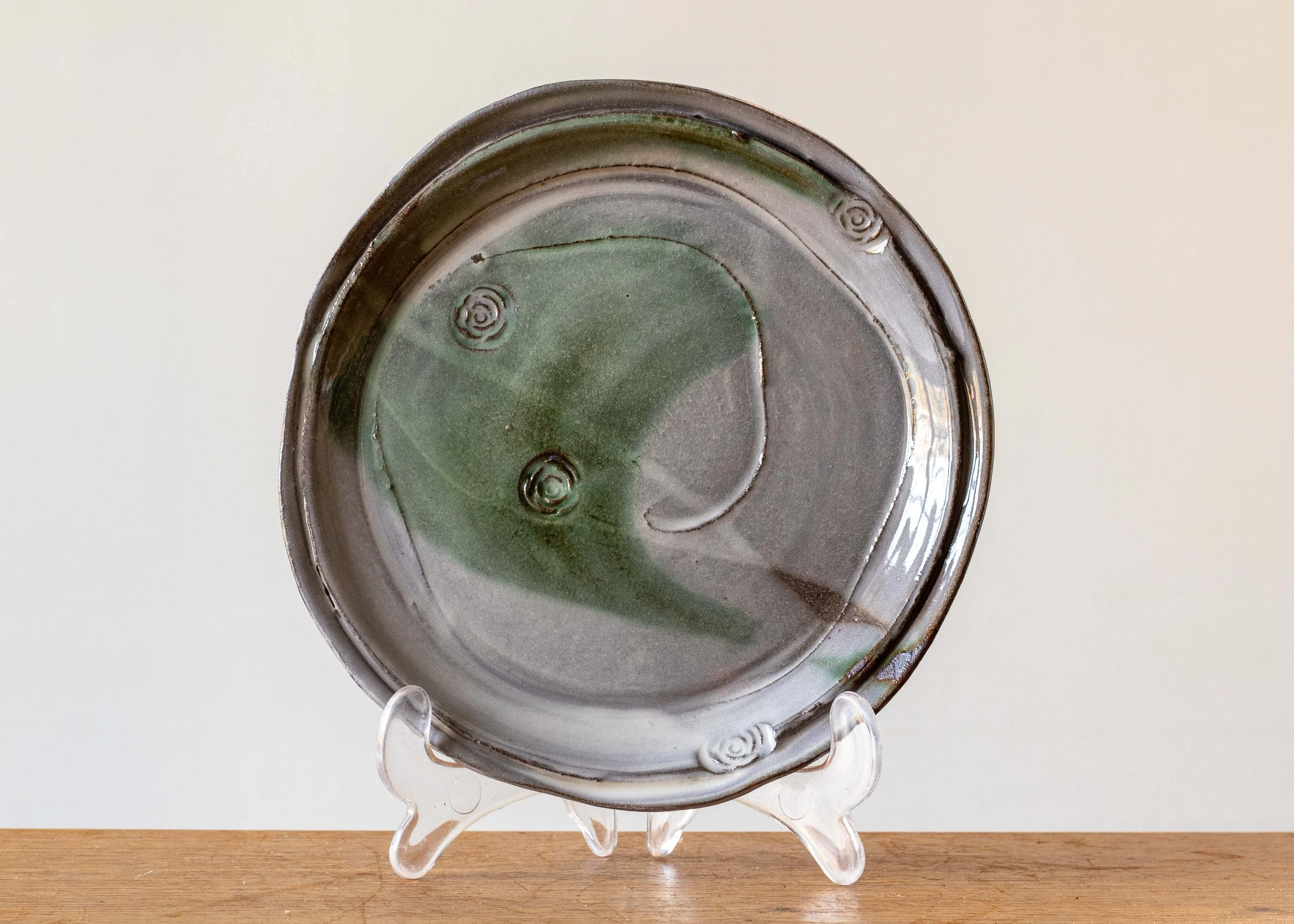 Handmade Pottery Side Plate with Green Brush Marks, view 1.jpg