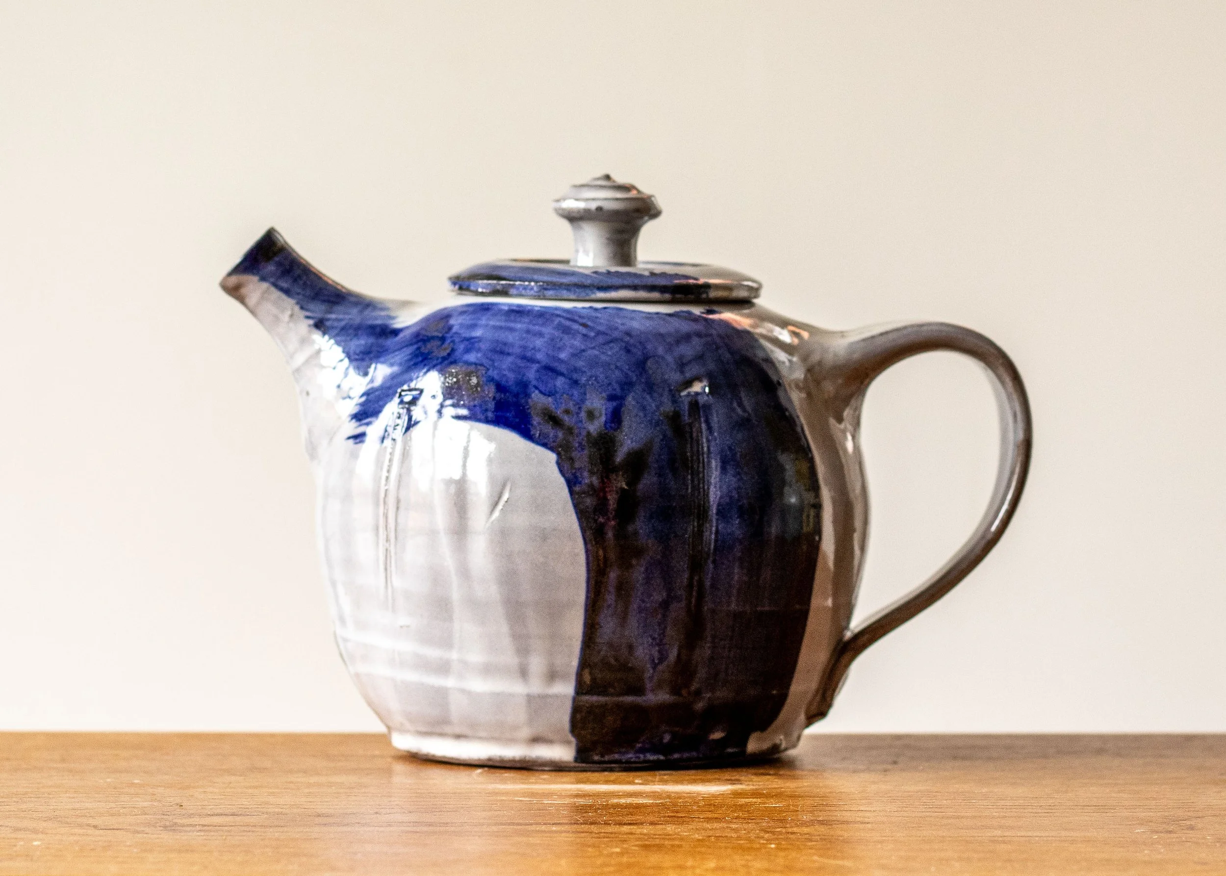 Thrown and Altered Teapot, Blue Brush Mark, New Work, view 1.jpg