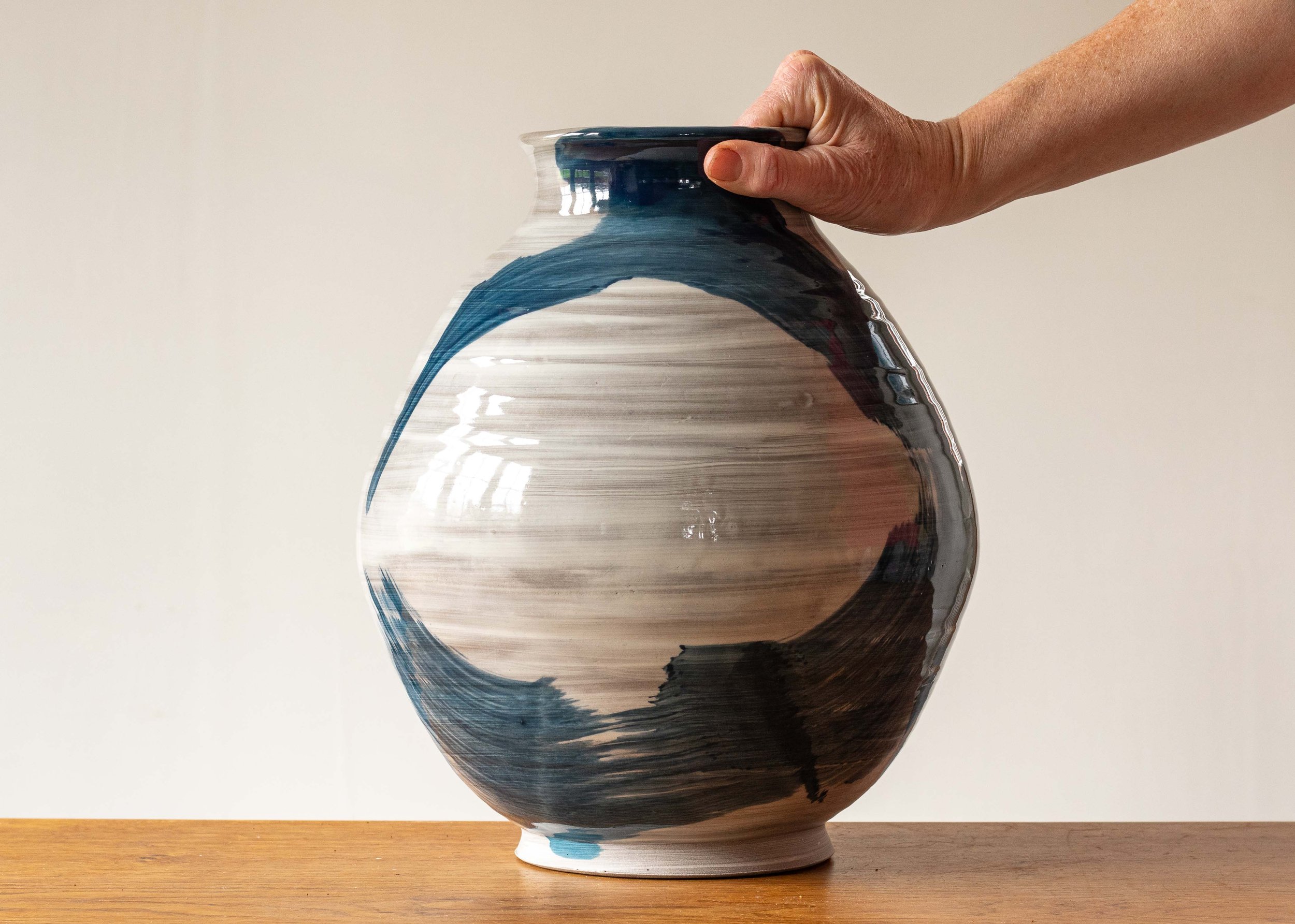 Large White Handmade Pottery Moon Jar with Blue Brush Decoration