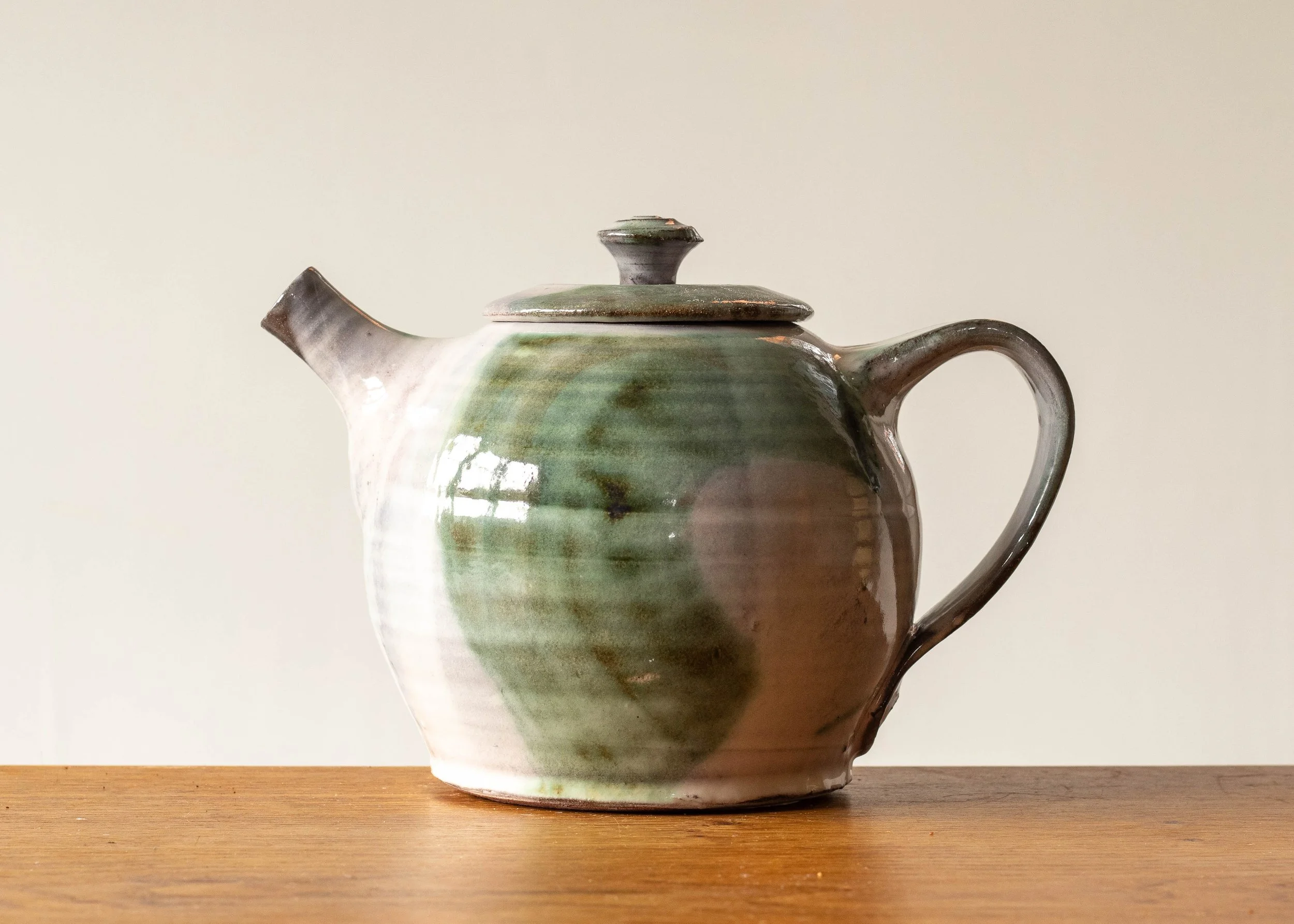 Handmade Pottery Teapot with Green Brush Marks, view 1.jpg
